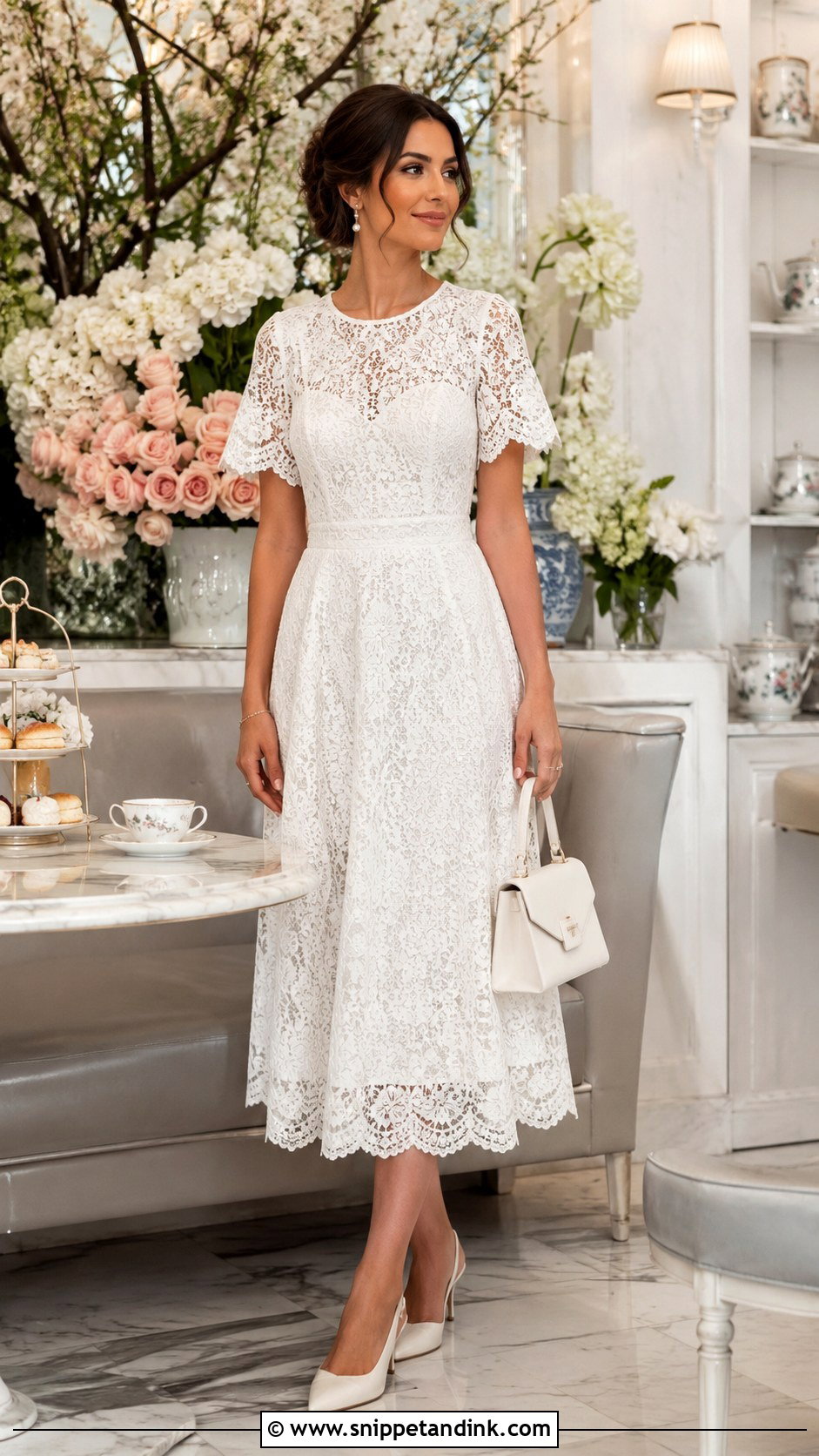 White Lace Midi Dress Bridal Tea Party Outfit - Snippet and Ink - 20 Bridal Tea Party Outfit Ideas