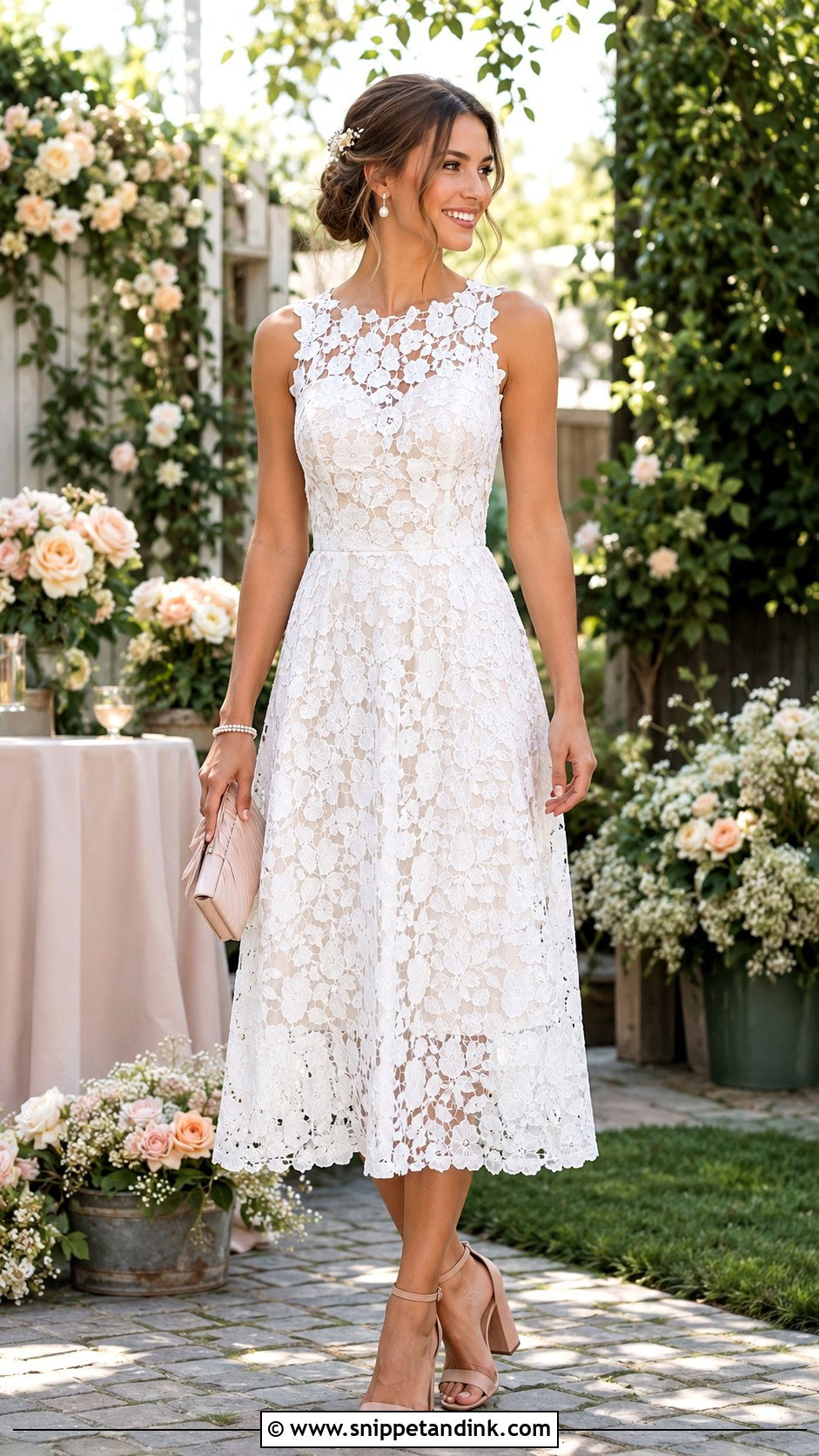 White Lace Midi Dress Garden Shower Outfit - Snippet and Ink - 20 Ms to Mrs Ideas