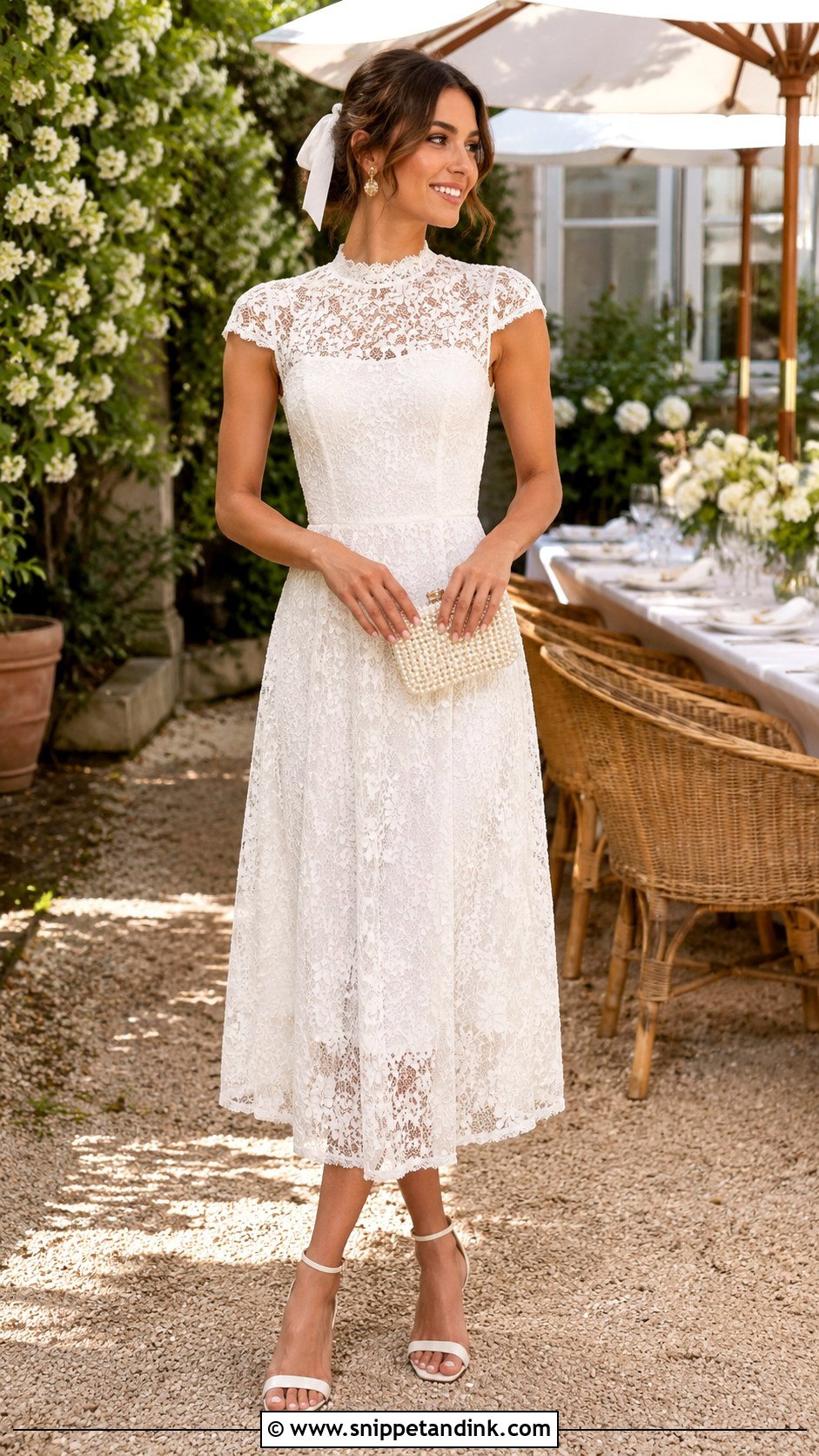 White Lace Midi Dress Hens Bride Outfit - Snippet and Ink - 20 Hens Outfit Bride Ideas