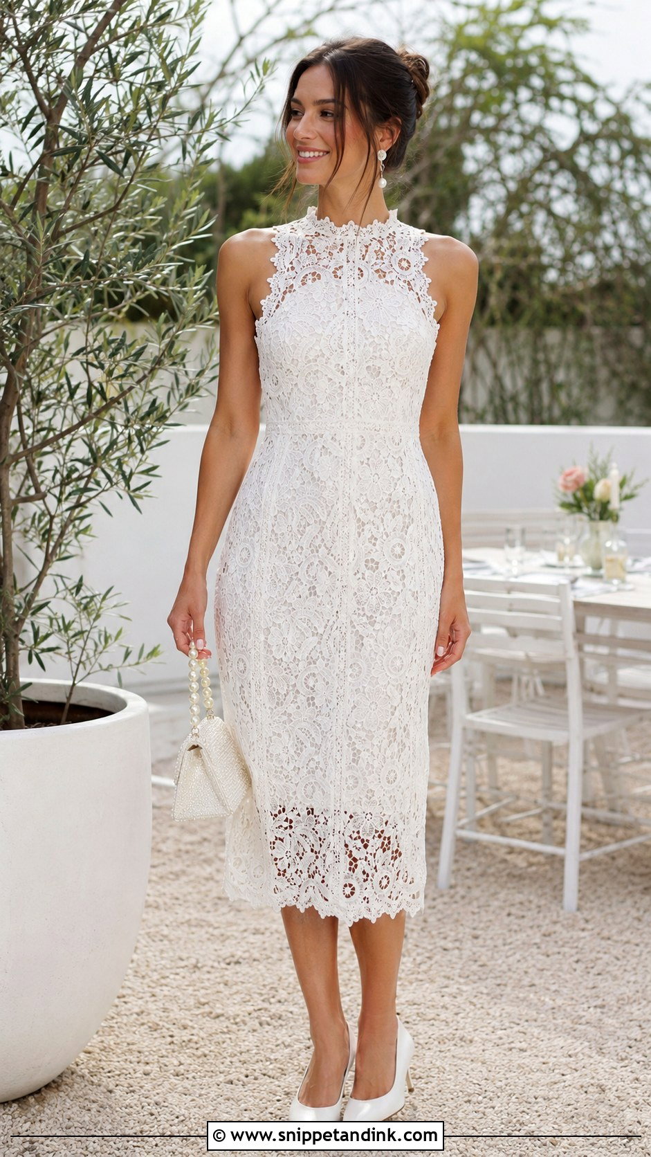 White Lace Midi Dress Outfit - Snippet and Ink - 20 All White Bachelorette Party Outfit Ideas