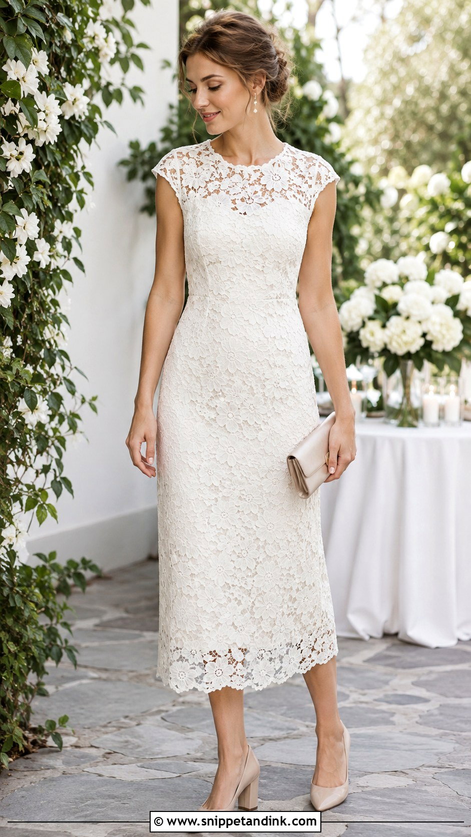 White Lace Midi Dress Rehearsal Dinner Outfit - Snippet and Ink - 20 Bride Rehersal Dinner Outfit Ideas