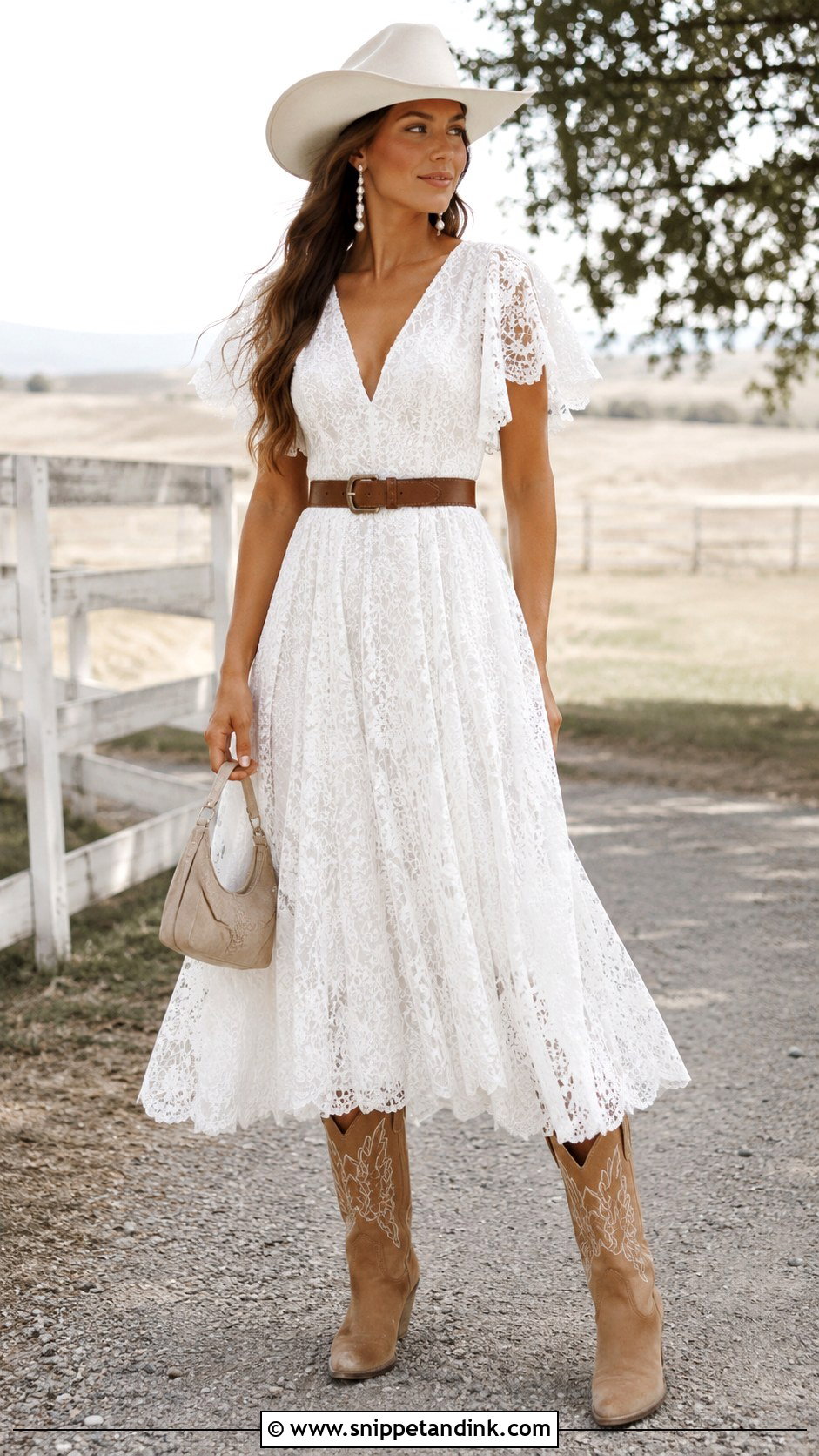 White Lace Midi Dress With Cowboy Boots - Snippet and Ink - 20 Bride Cowgirl Outfit Ideas