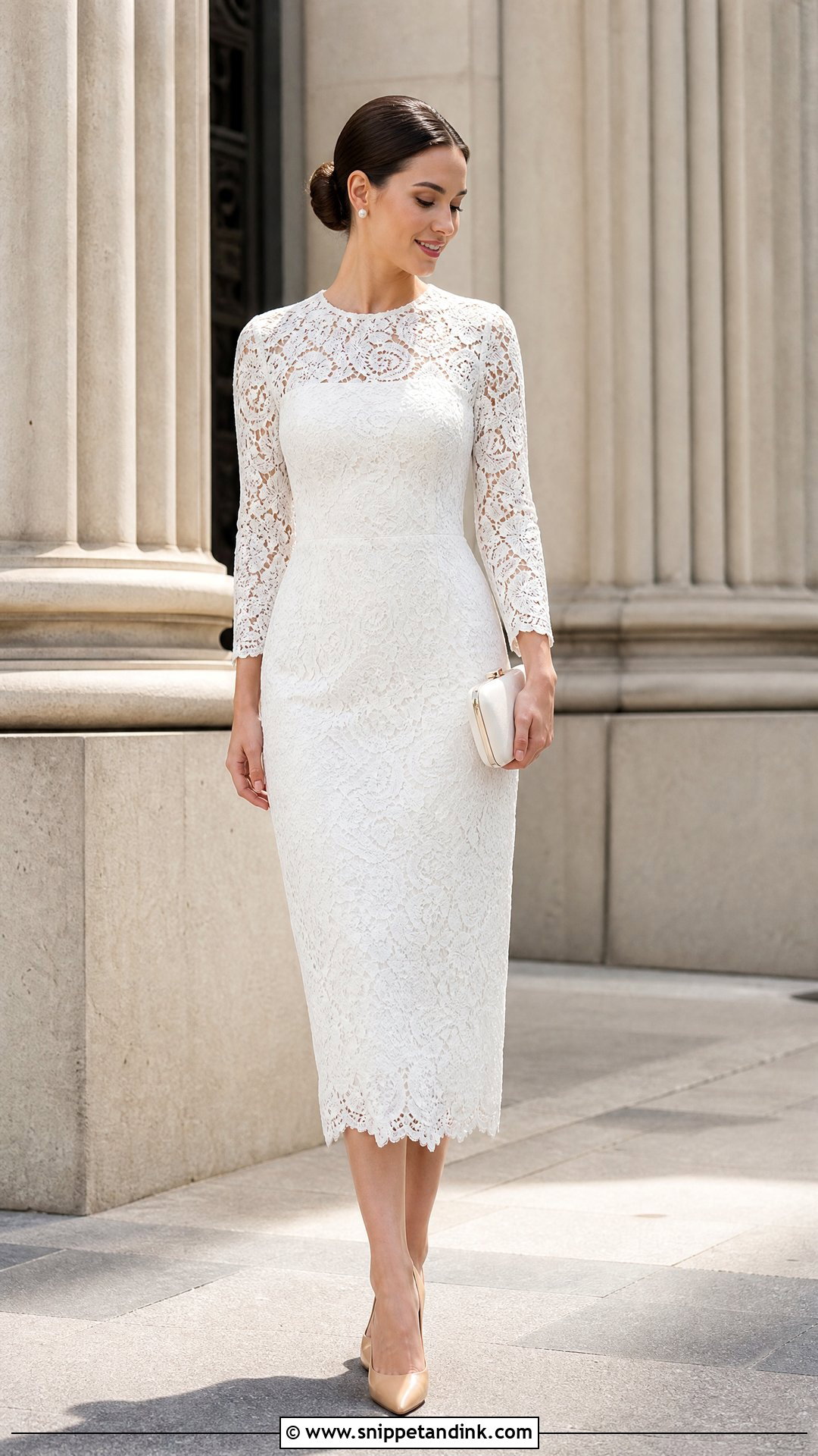 White Lace Midi Dress With Nude Pumps - Snippet and Ink - 20 Simple White Dress for Civil Wedding Ideas