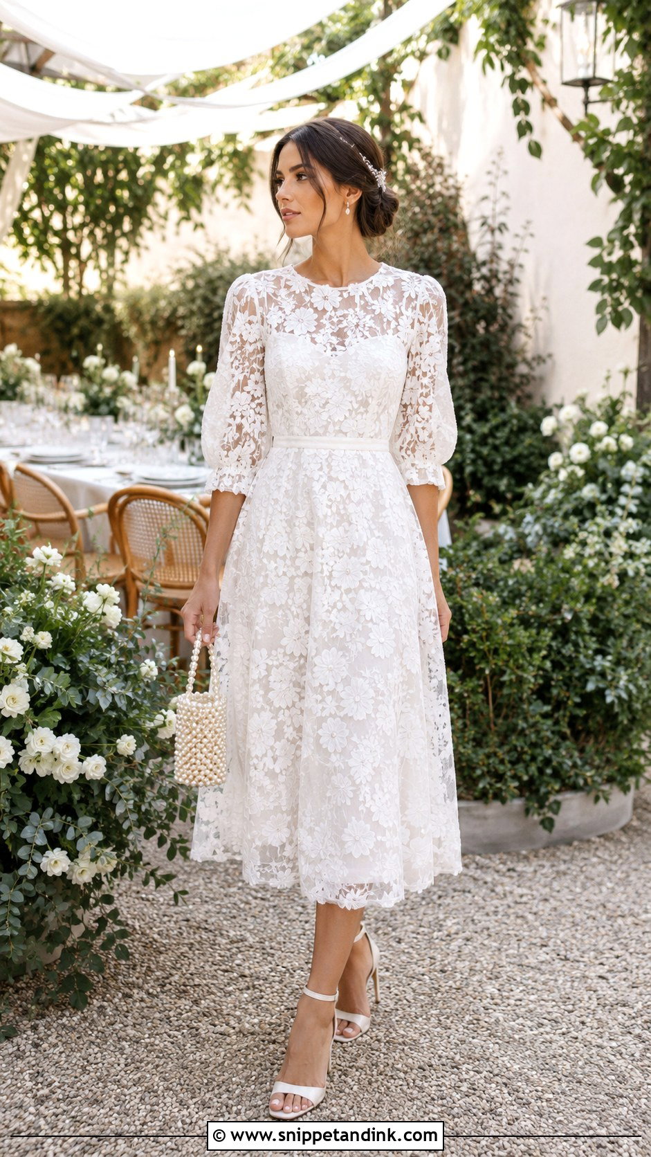 White Lace Midi Dress for Bride - Snippet and Ink - 20 After Wedding Dress for Bride Ideas