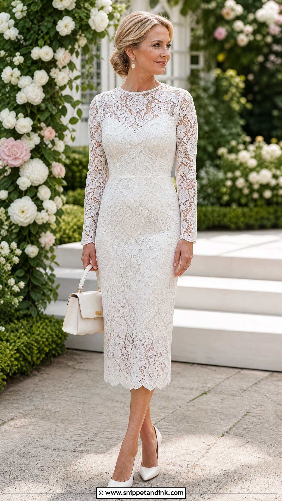 White Lace Midi Vow Renewal Dress - Snippet and Ink - 20 Renewing Vows Dress Ideas
