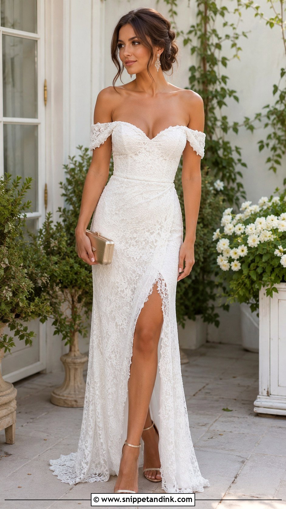 White Lace Off Shoulder Gown With Drop Earrings - Snippet and Ink - 30 White Lace Gown Ideas