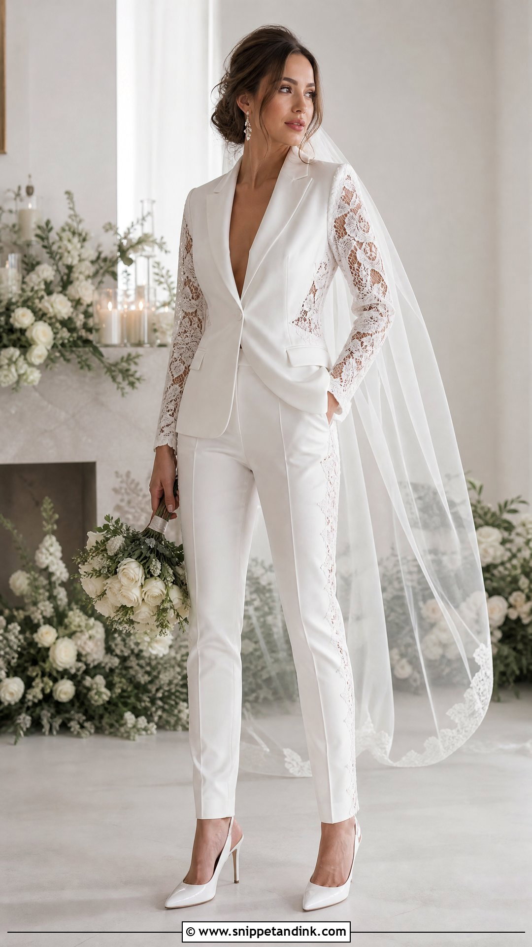 White Lace Panel Bridal Suit With Satin Heels - Snippet and Ink - 20 White Bridal Suit Ideas