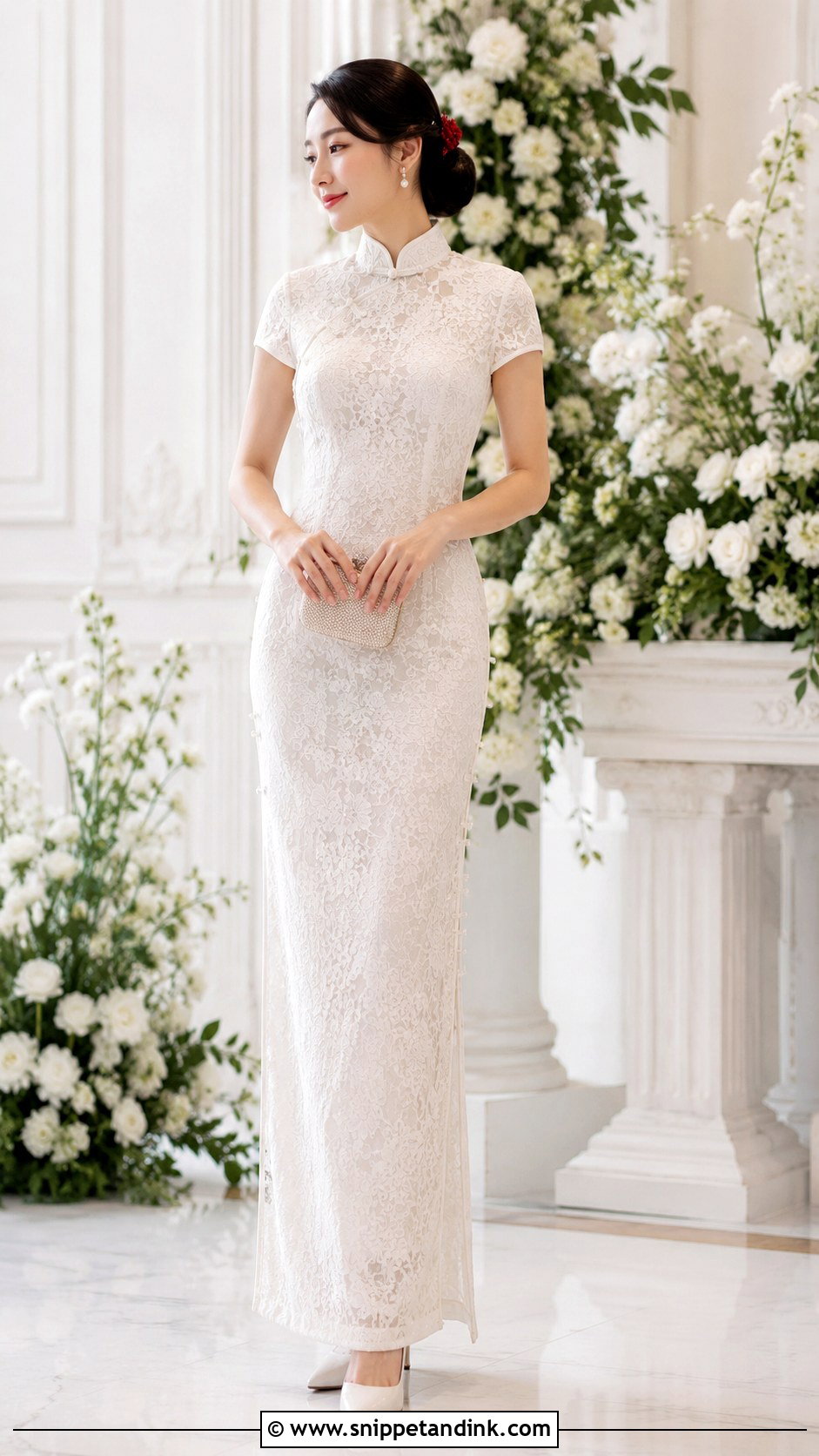 White Lace Qipao Chinese Wedding Outfit - Snippet and Ink - 20 Chinese Wedding Outfits