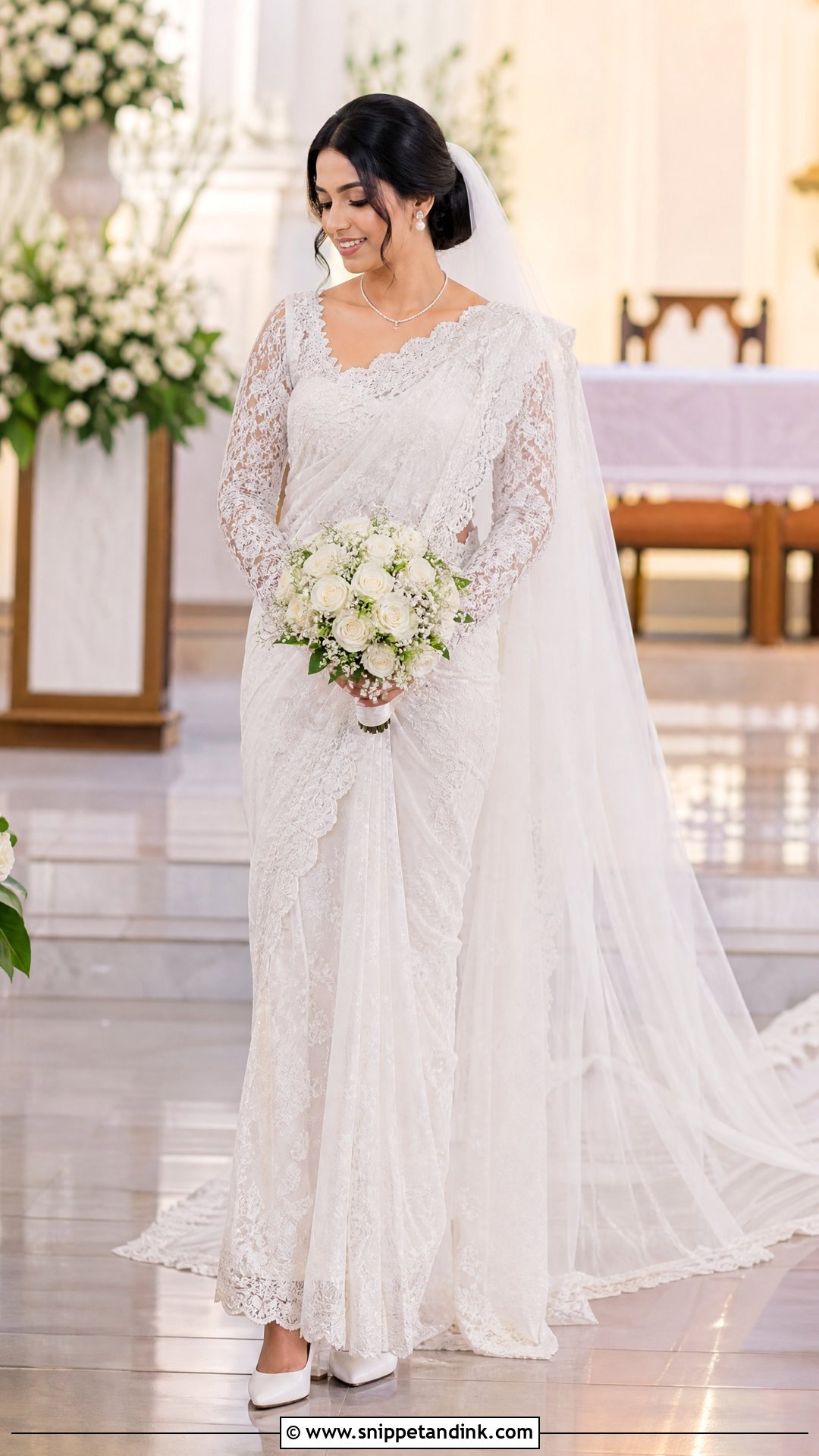 White Lace Sri Lankan Bride Saree With Veil - Snippet and Ink - 20 Srilankan Bride Ideas