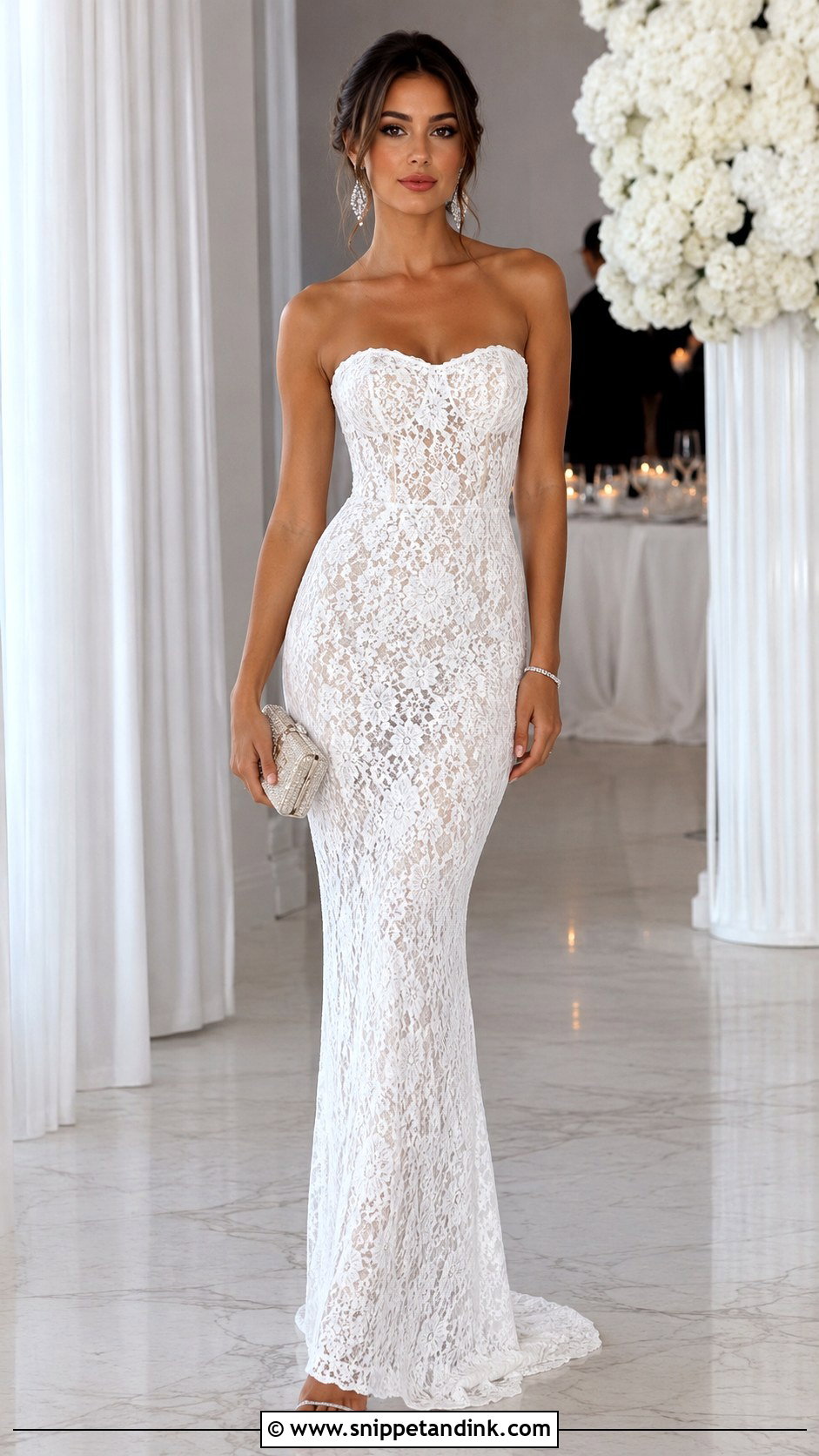 White Lace Strapless Gown With Crystal Clutch - Snippet and Ink - 30 White Lace Gown Ideas