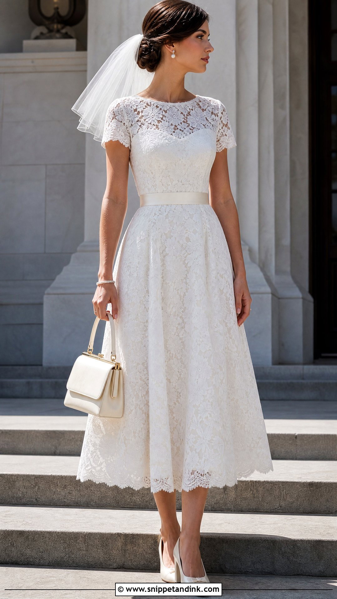 White Lace Tea Length Courthouse Wedding Dress - Snippet and Ink - 20 White Courthouse Wedding Dress Ideas