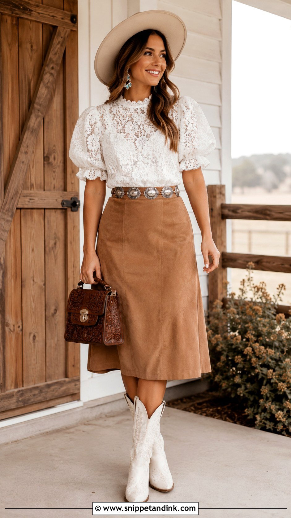 White Lace Top And Suede Skirt Cowgirl Outfit - Snippet and Ink - 20 Bride Cowgirl Outfit Ideas