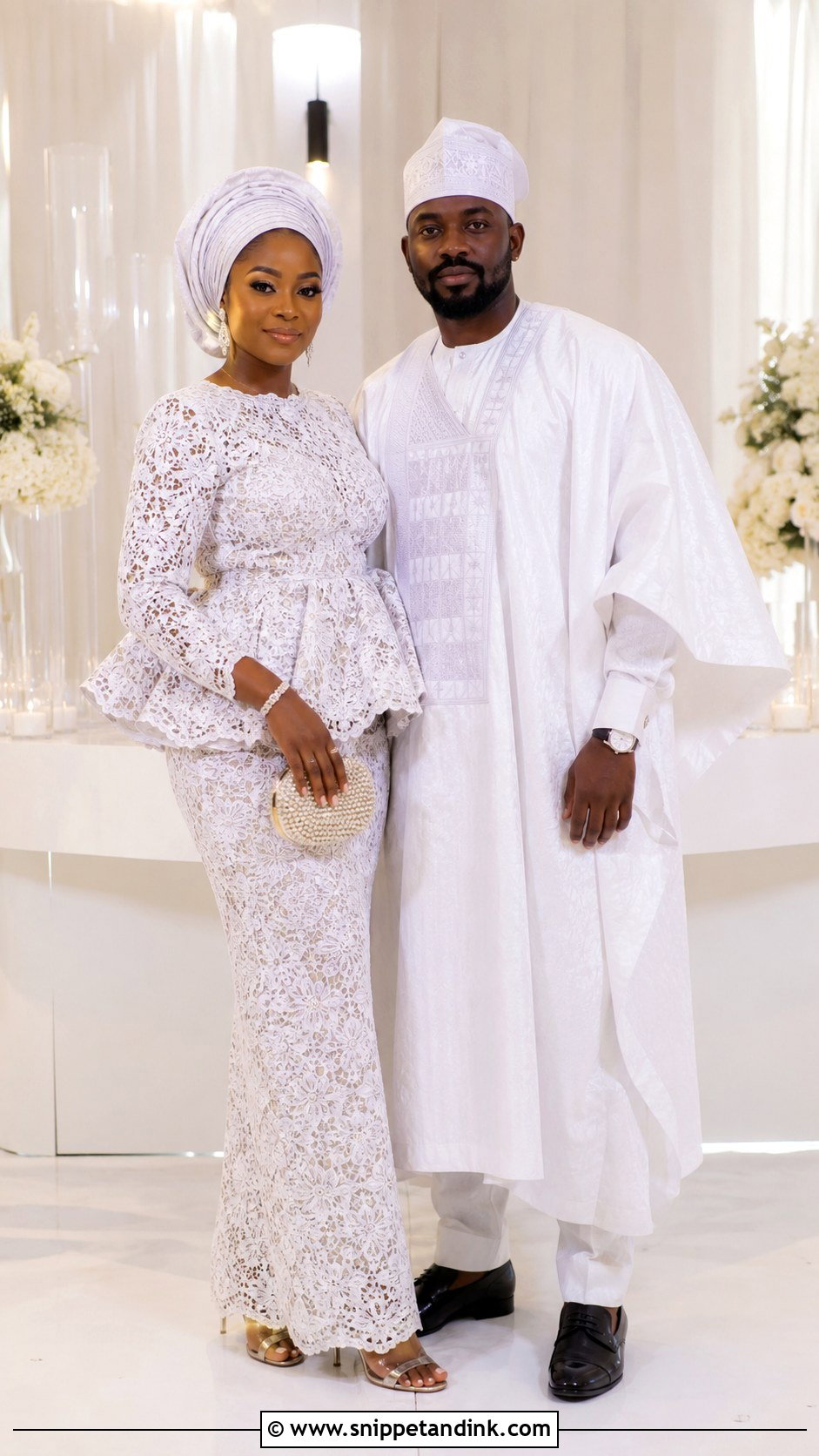 White Lace Traditional Couple Outfit - Snippet and Ink - 20 African Traditional Wear for Couples Ideas