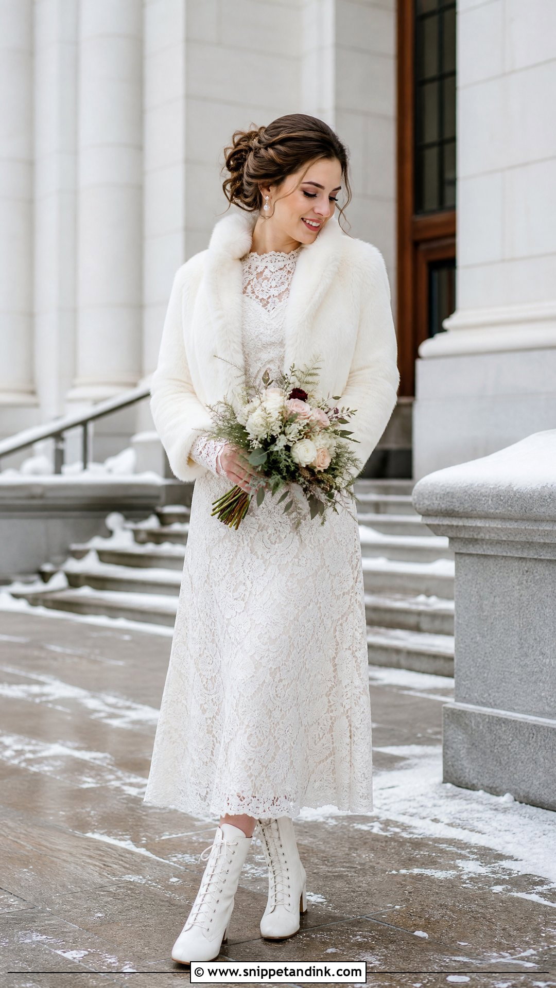 White Lace Up Boots With Bridal Midi Dress - Snippet and Ink - 20 Winter Wedding Boots Ideas