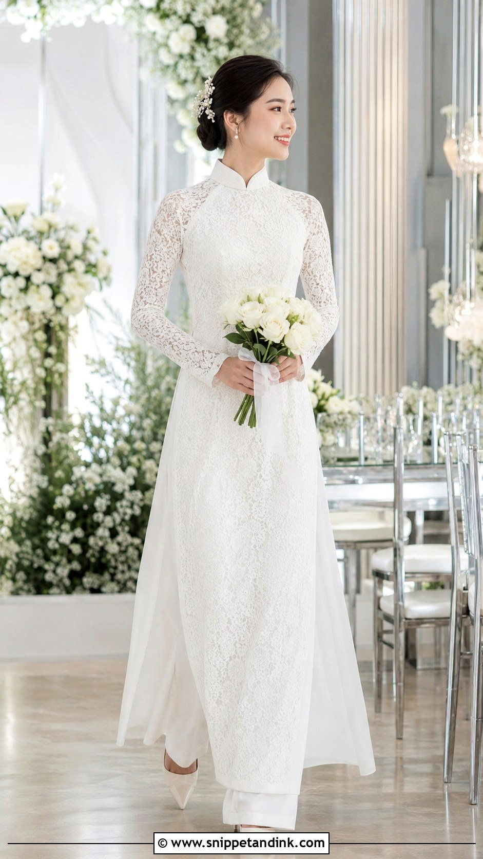 White Lace Vietnamese Wedding o Dai - Snippet and Ink - 20 Vietnam Wedding Dress Ideas