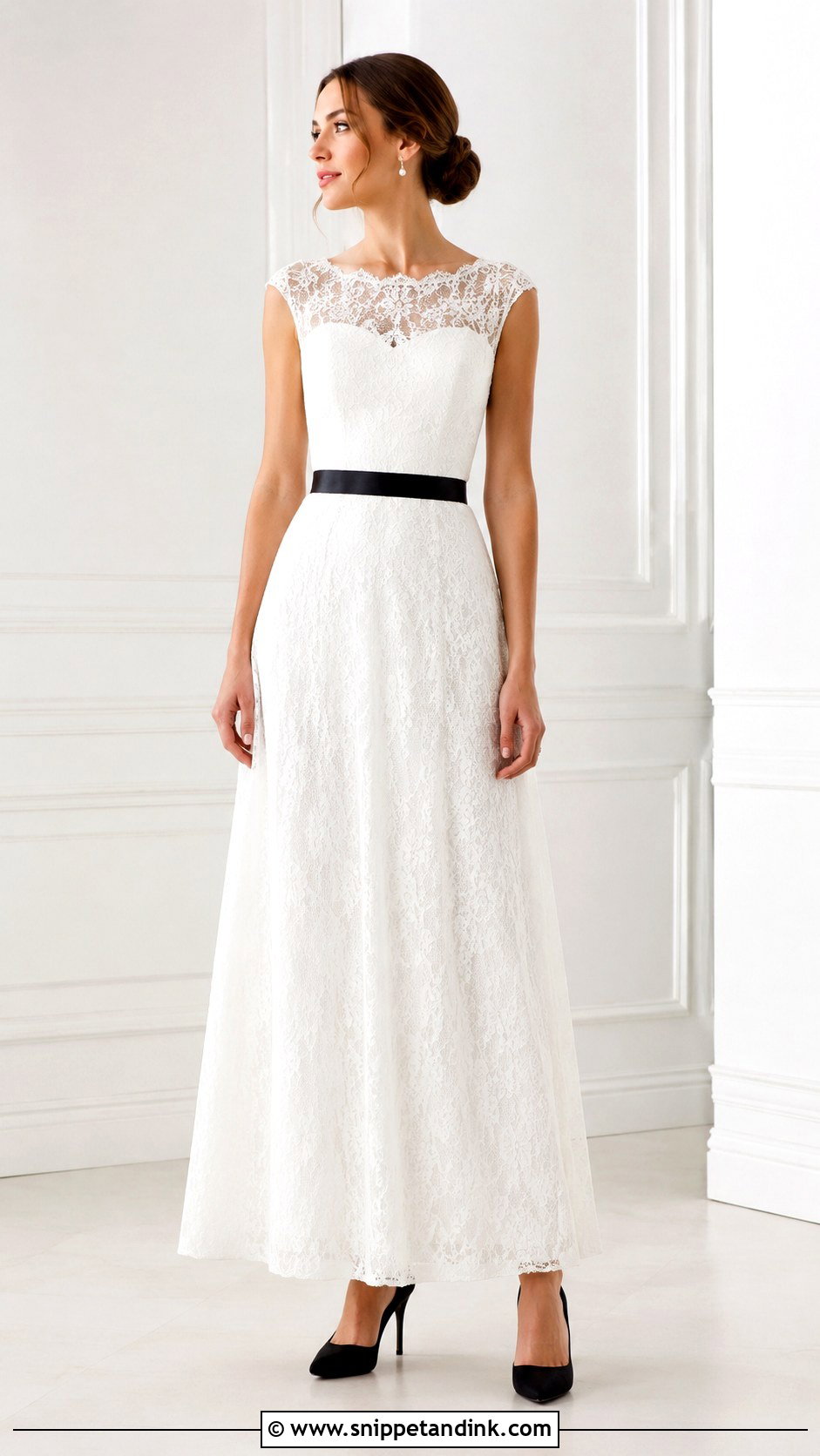 White Lace Wedding Dress With Black Waist Sash - Snippet and Ink - 25 White Wedding Dress with Black Lace Ideas