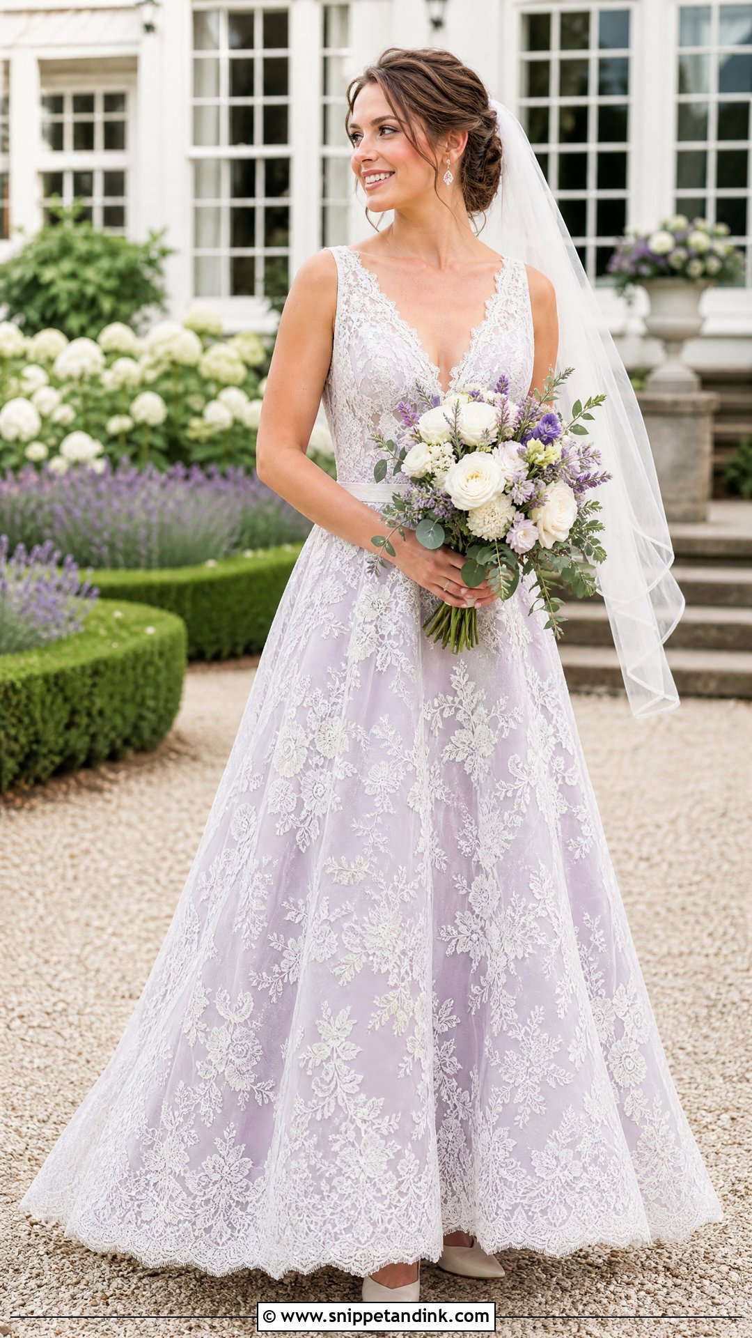 White Lace Wedding Dress With Lavender Lining - Snippet and Ink - 25 Purple and White Wedding Dress Ideas