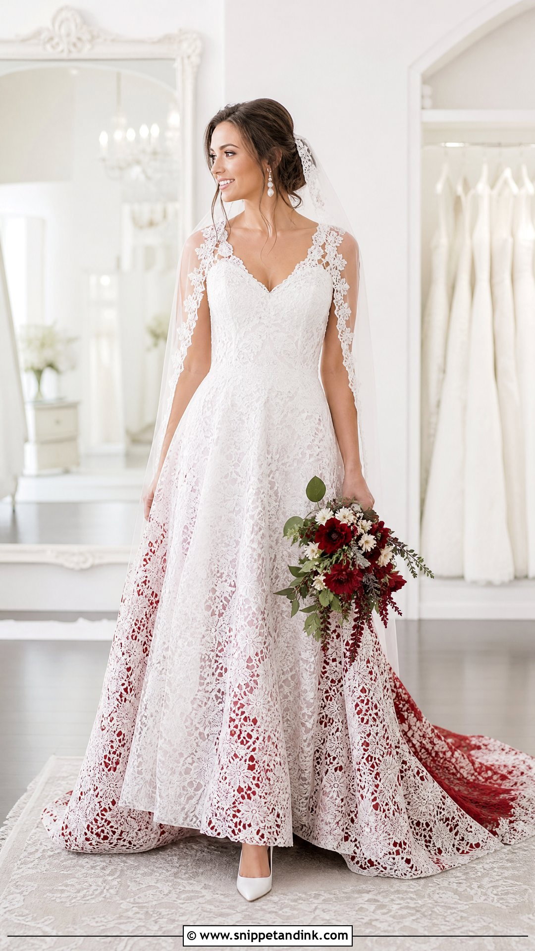 White Lace Wedding Dress With Red Underskirt - Snippet and Ink - 25 Red and White Wedding Dress Ideas