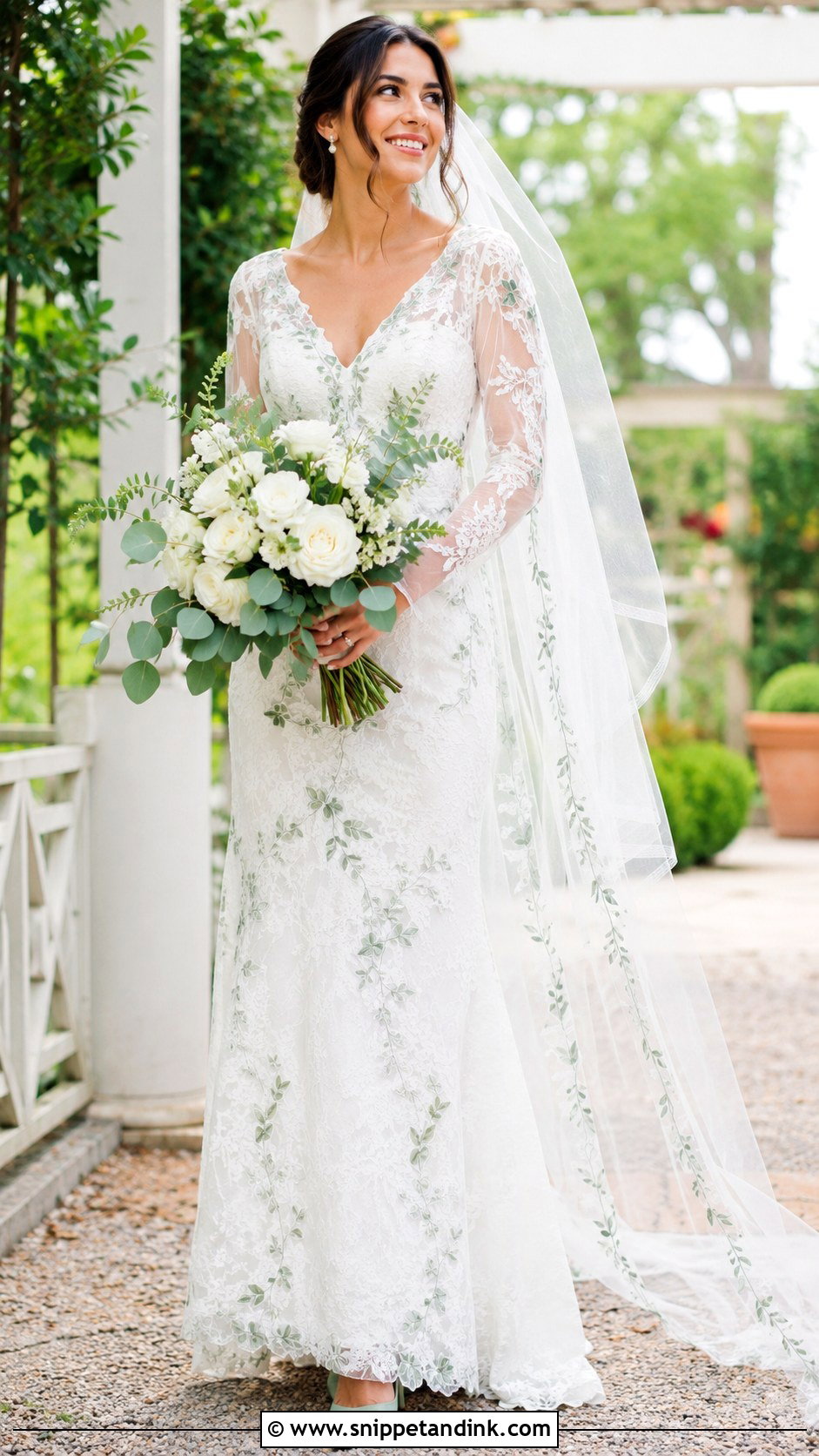 White Lace Wedding Dress With Sage Green Embroidery - Snippet and Ink - 20 White and Green Wedding Dress Ideas