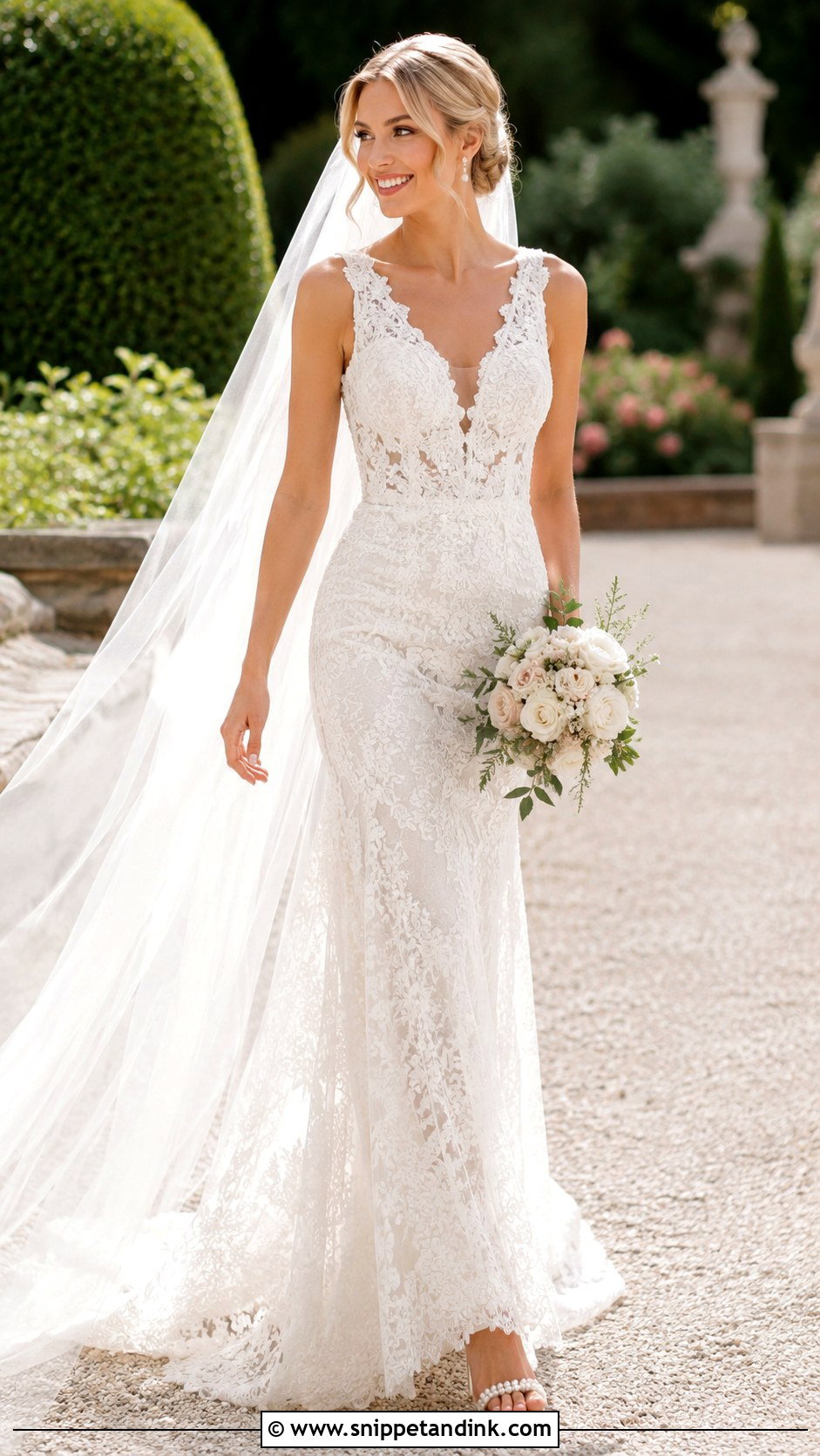 White Lace Wedding Gown With Pearl Heels - Snippet and Ink - 30 White Lace Gown Ideas