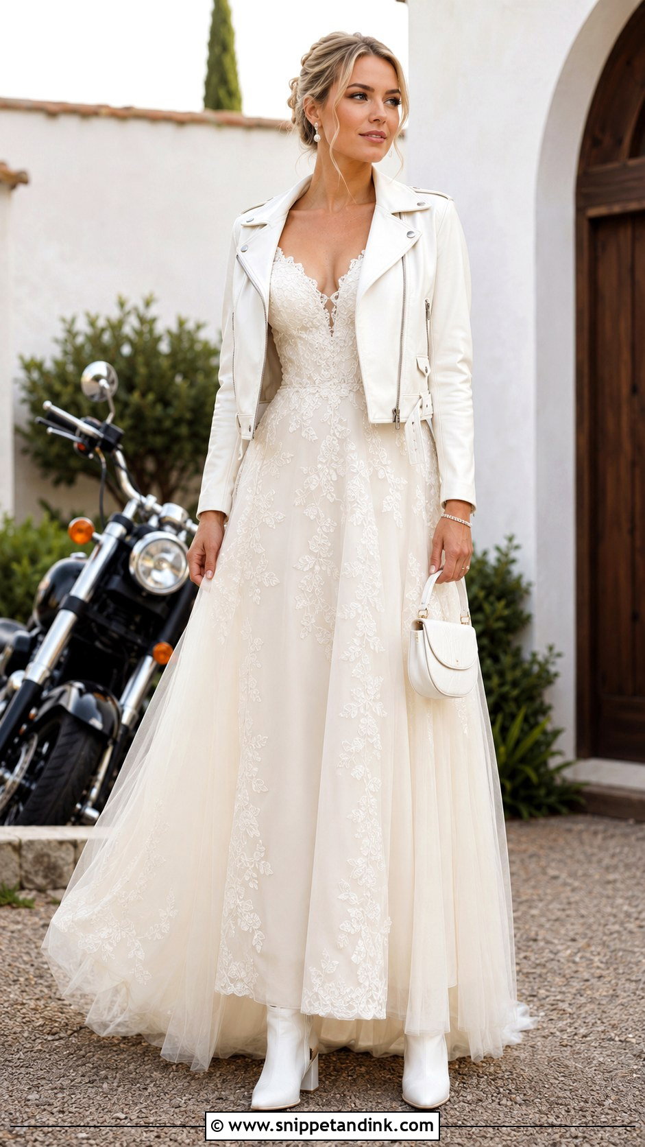 White Leather Biker Wedding Dress With Lace Sleeves - Snippet and Ink - 20 Biker Wedding Dress Ideas