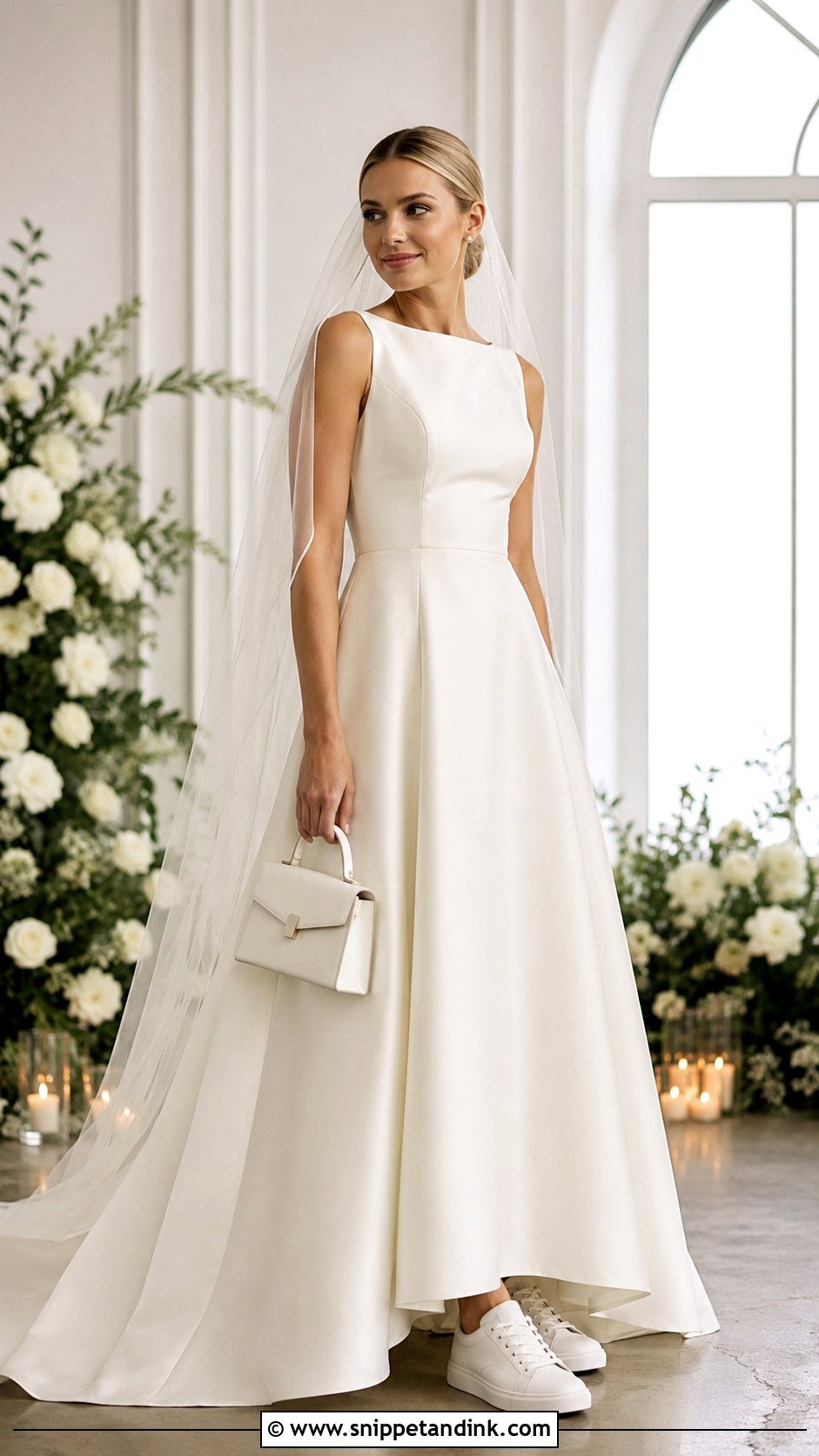 White Leather Wedding Trainers With A Line Dress - Snippet and Ink - 20 Wedding Trainers Ideas