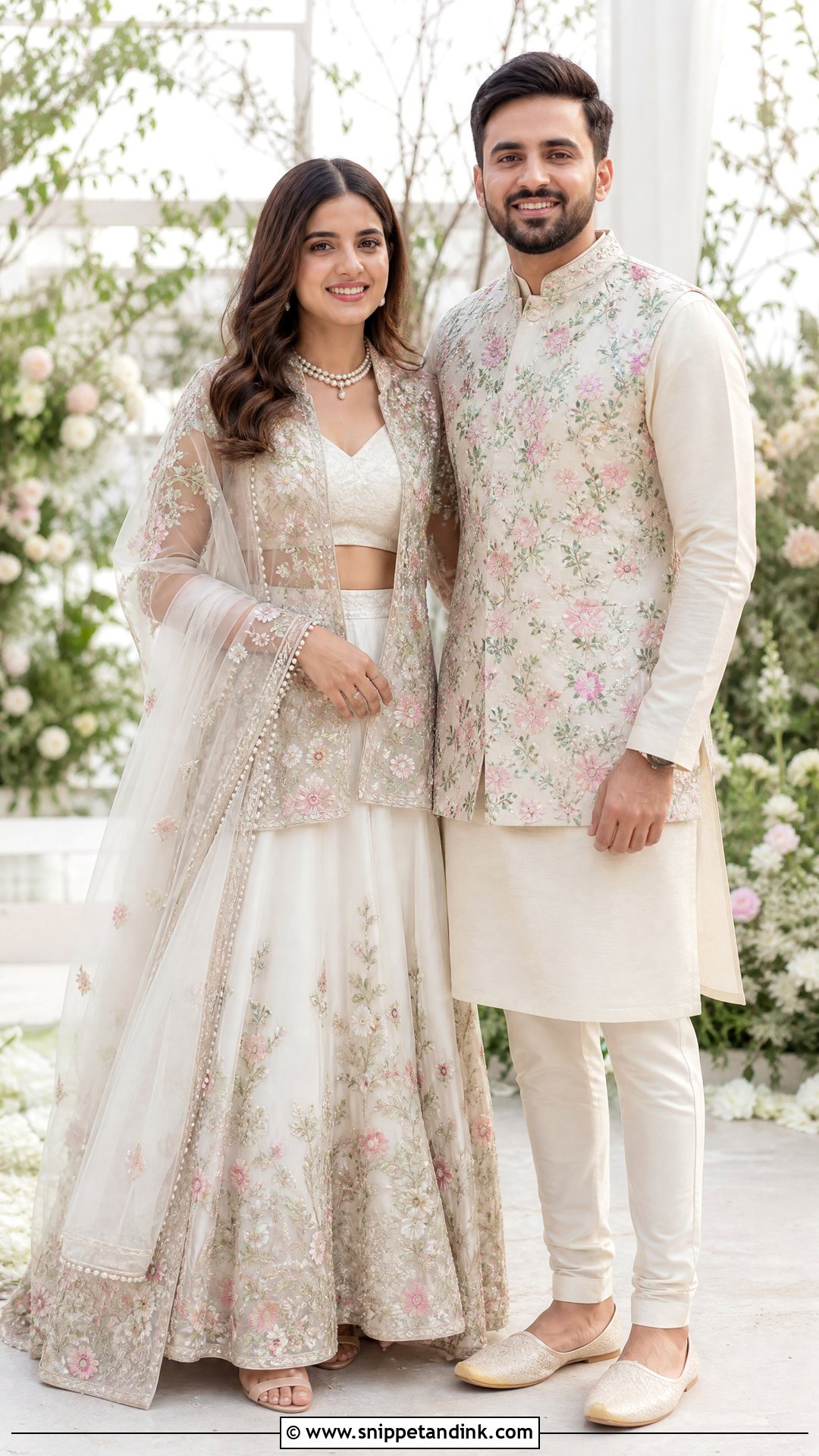 White Lehenga And Pastel Floral Jacket - Snippet and Ink - 20 Ring Ceremony Couple Dress Ideas