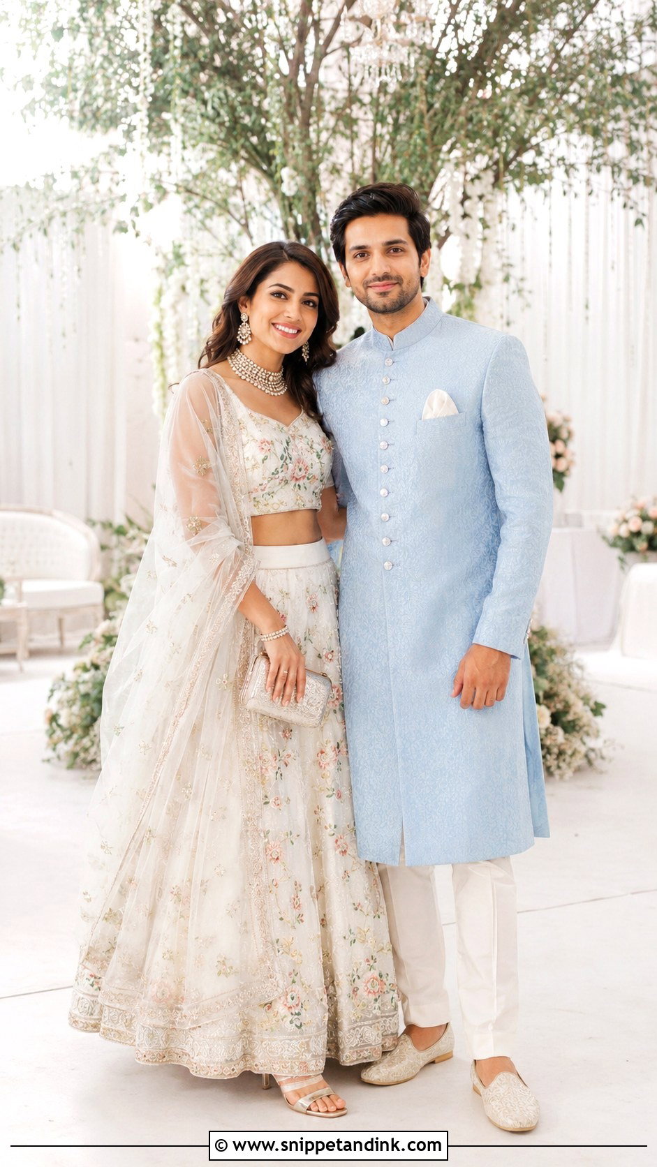 White Lehenga And Pastel Sherwani - Snippet and Ink - 20 Couple Matching Dress Indian Wedding Ideas
