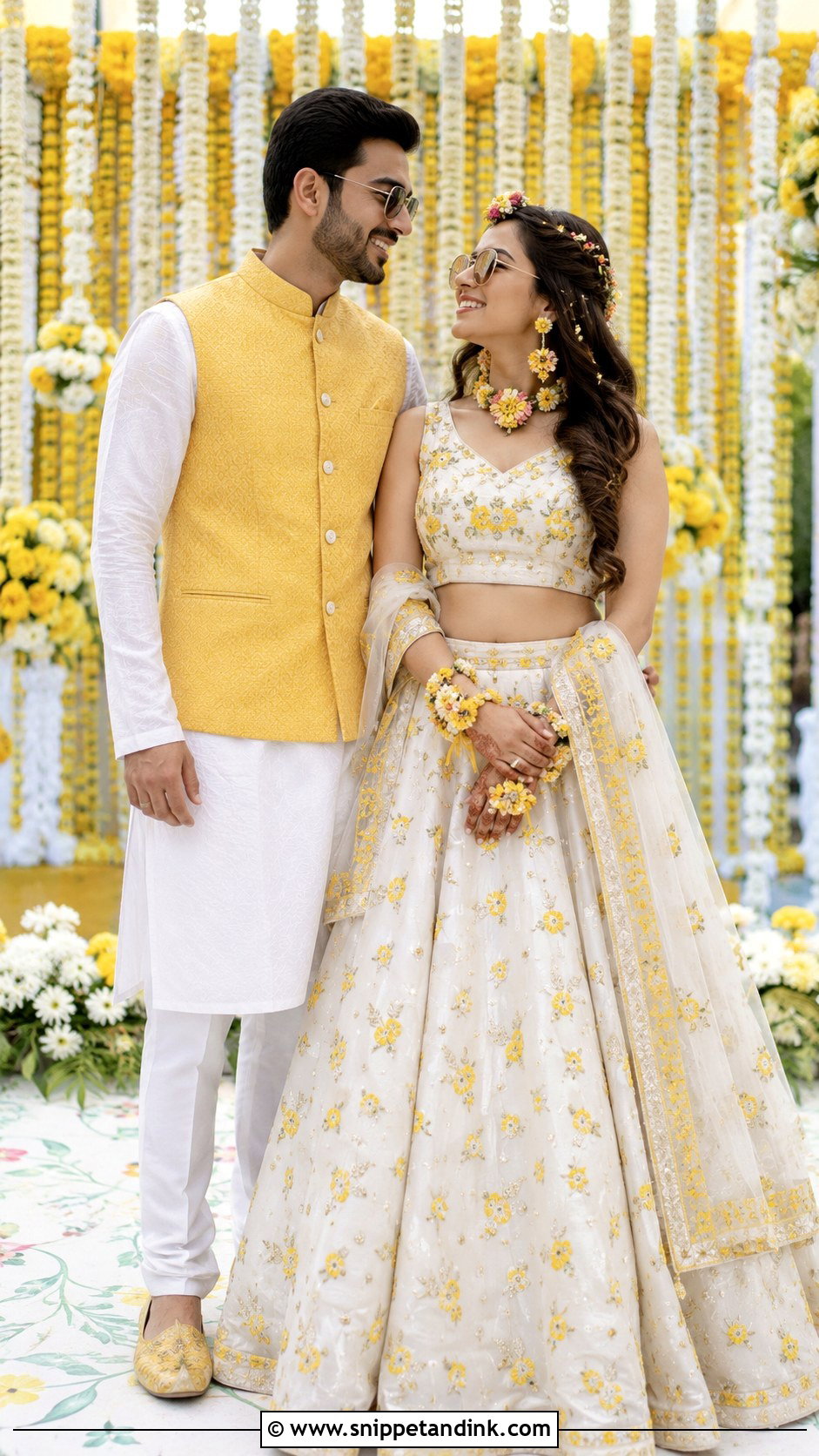 White Lehenga And Yellow Nehru Jacket Haldi Couple Outfit - Snippet and Ink - 25 Haldi Couple Outfits