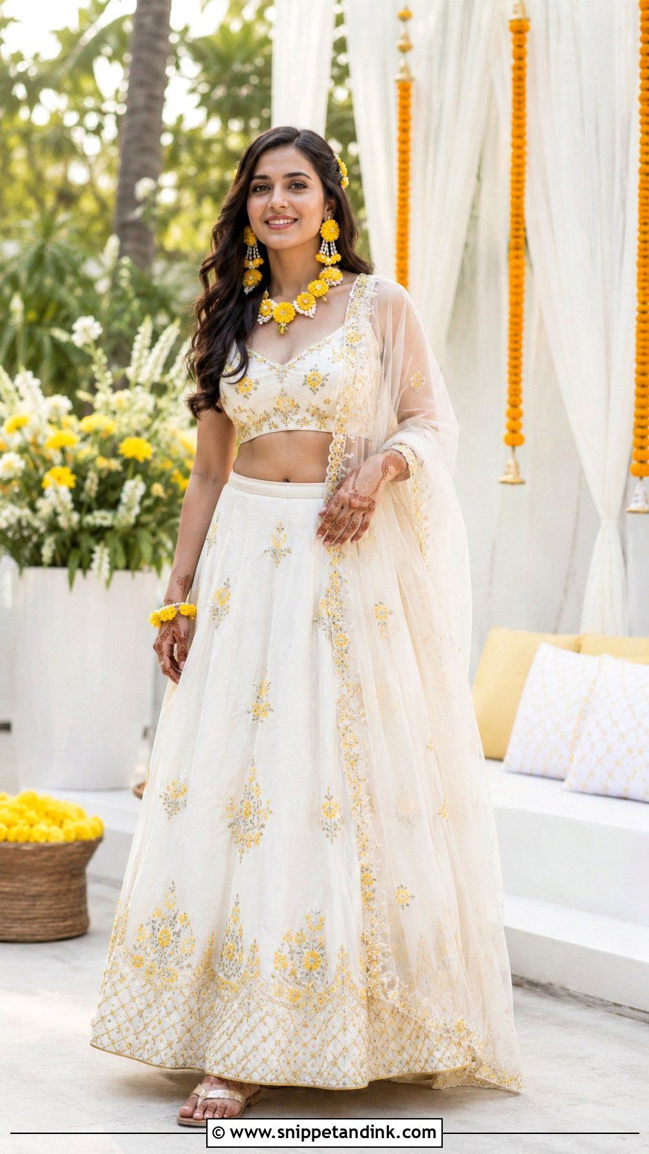 White Lehenga Haldi Outfit - Snippet and Ink - 25 Wedding Haldi Outfit Ideas