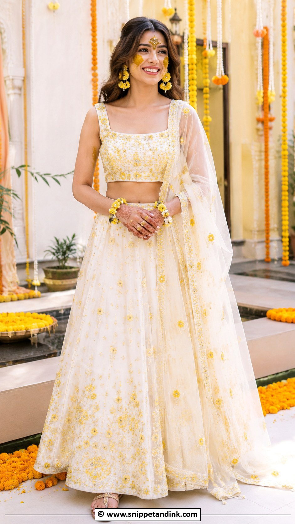 White Lehenga Haldi Outfit - Snippet and Ink - 30 Unique Haldi Ceremony Outfit for Bride Ideas
