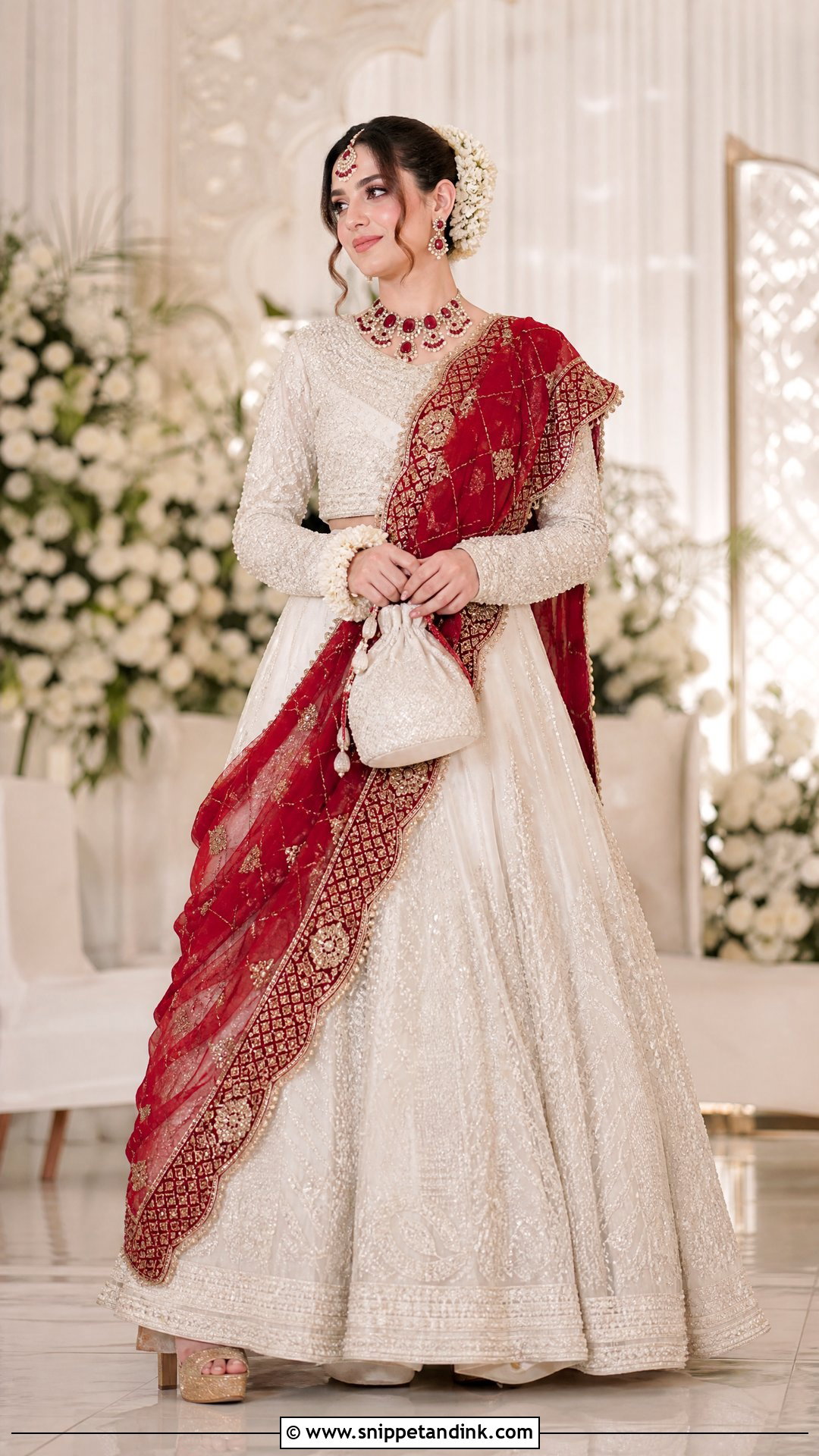 White Lehenga Nikkah Dress With Red Dupatta - Snippet and Ink - 20 White Nikkah Dress with Red Dupatta Ideas