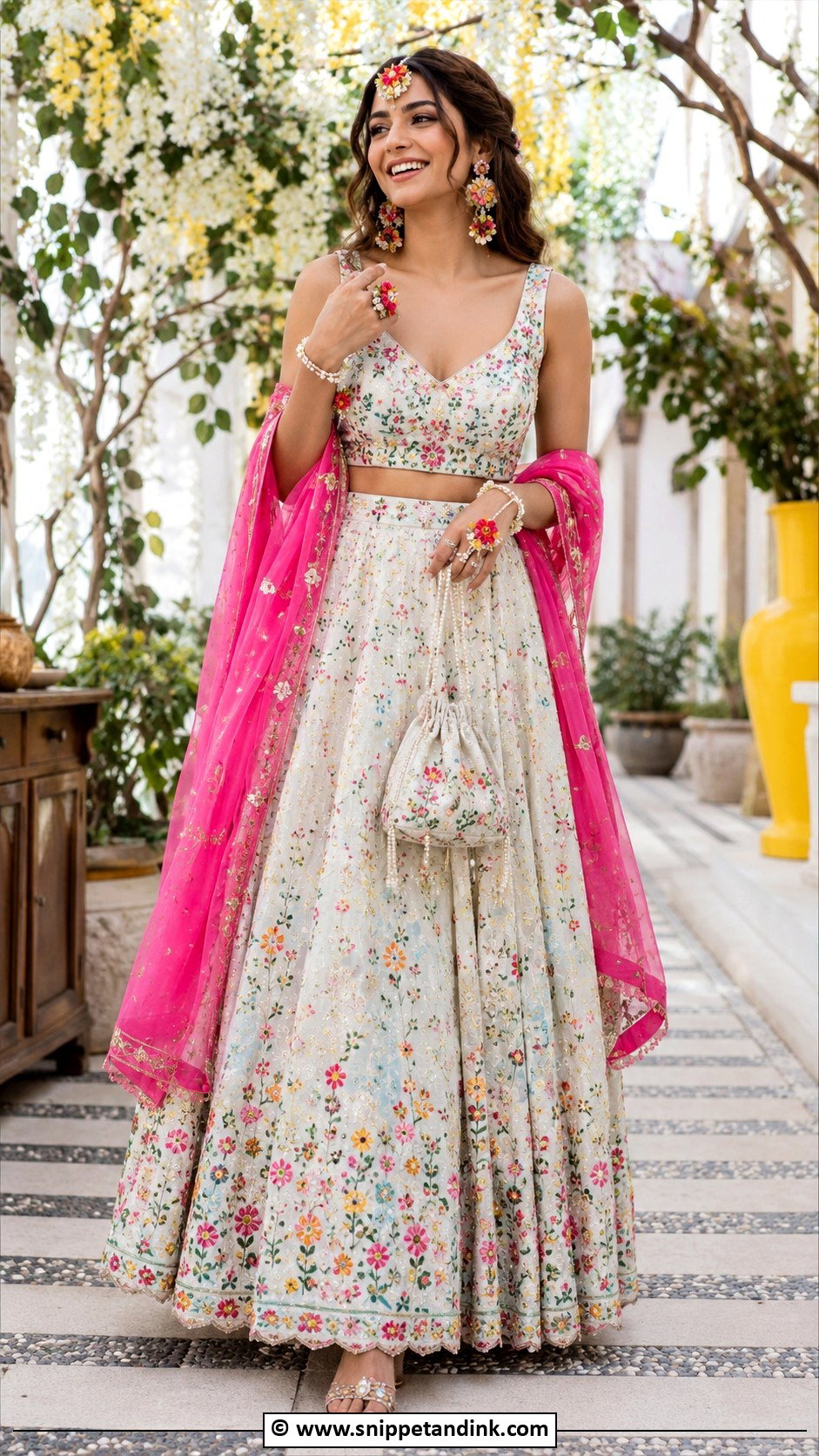 White Lehenga With Colorful Embroidery For Mehendi - Snippet and Ink - 30 Mehendi Dress Ideas