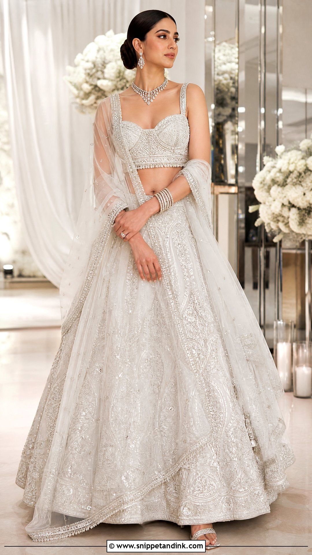 White Lehenga With Crystal Trail Dupatta - Snippet and Ink - 20 Trail Dupatta Bridal Ideas