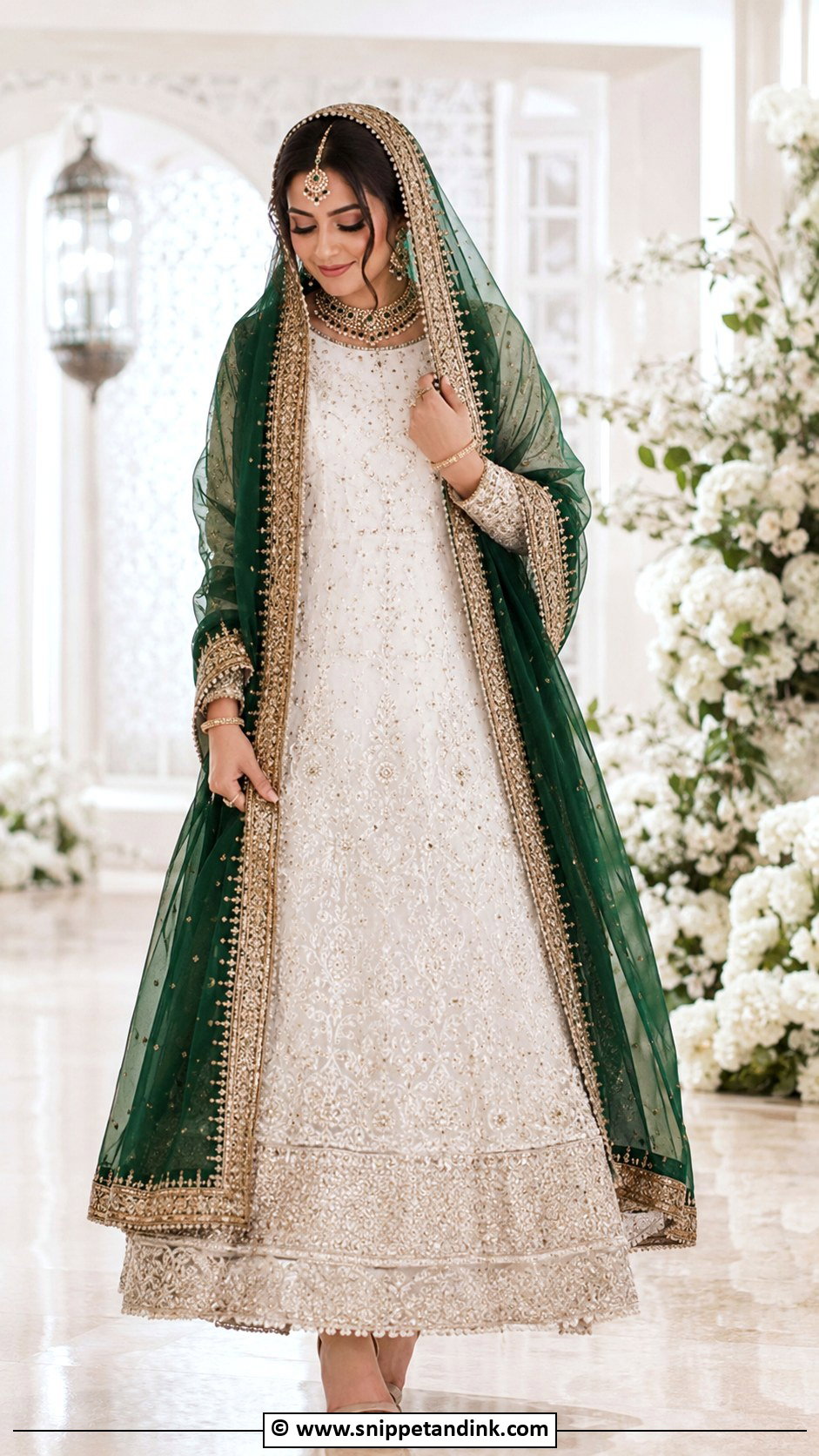 White Lehenga With Green Dupatta Outfit - Snippet and Ink - 25 Nikkah Outfits for Bride