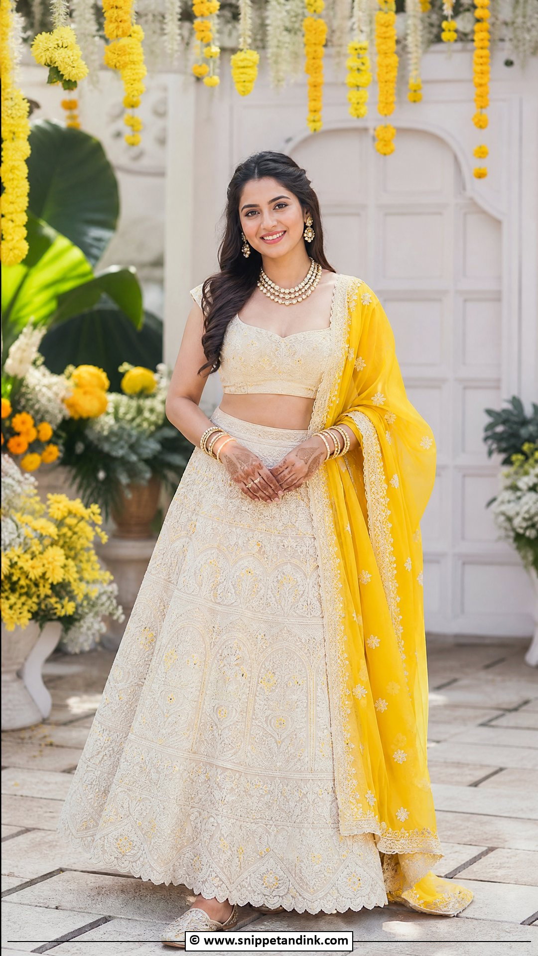 White Lehenga With Yellow Dupatta - Snippet and Ink - 35 Mehndi Dress Ideas
