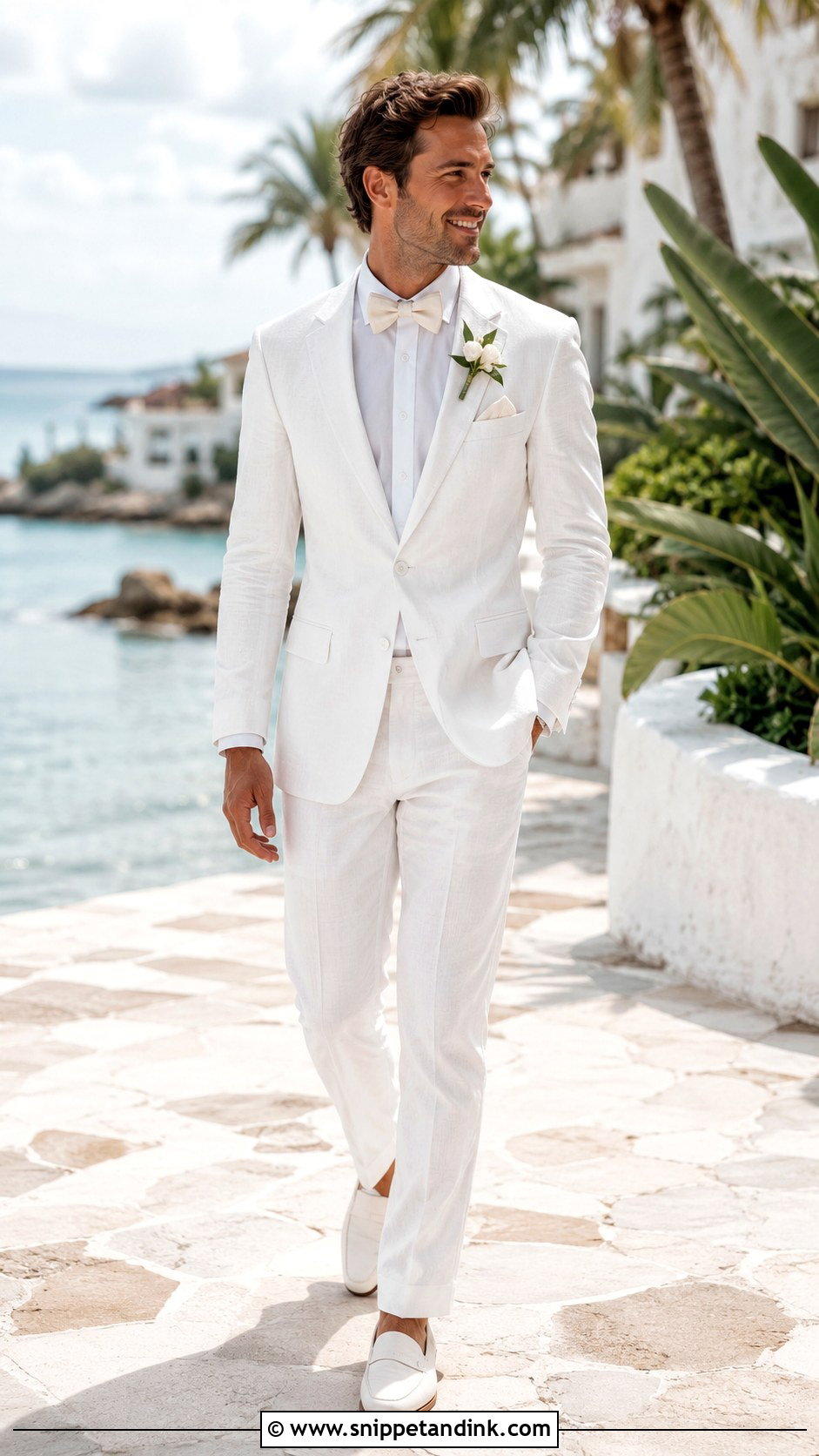 White Linen Beach Tuxedo - Snippet and Ink - 20 All White Tuxedo Wedding Ideas