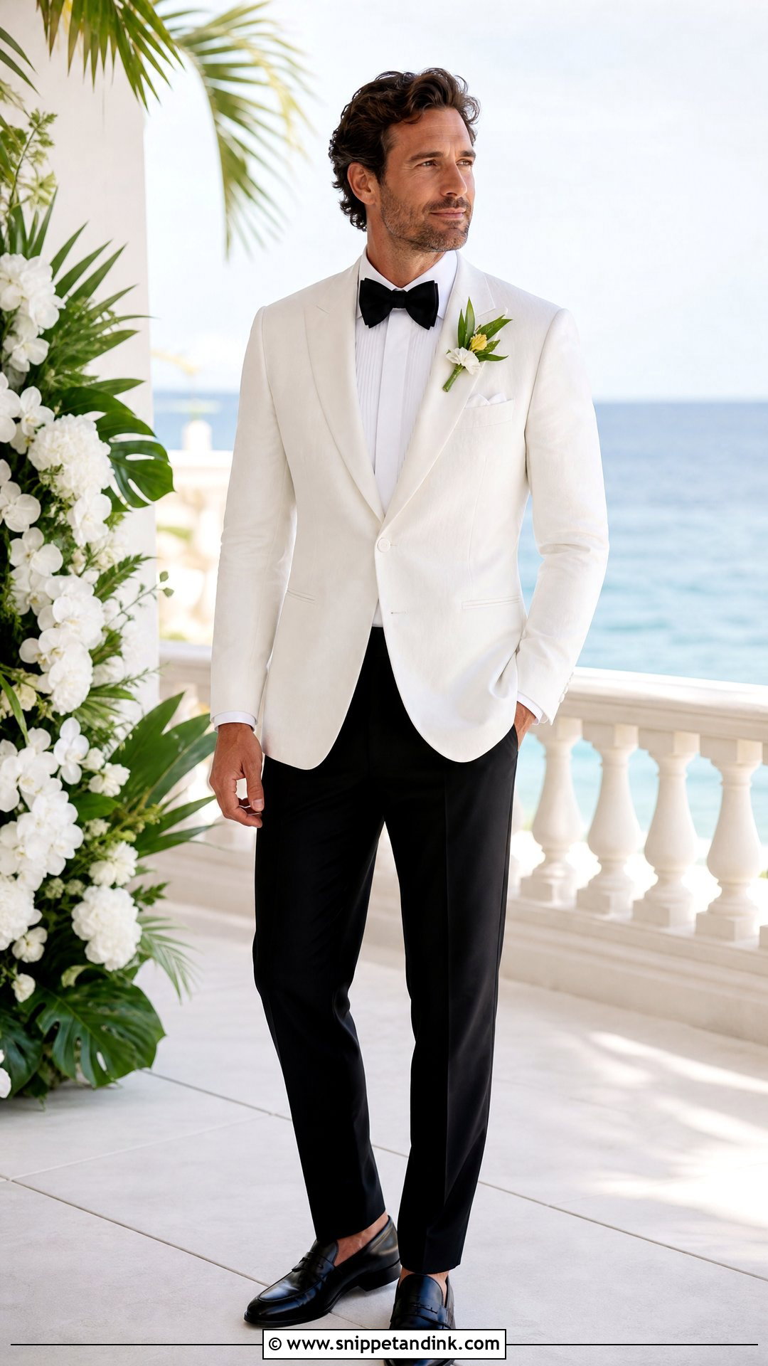 White Linen Dinner Jacket Beach Wedding Outfit - Snippet and Ink - 20 White Dinner Jacket Wedding Ideas