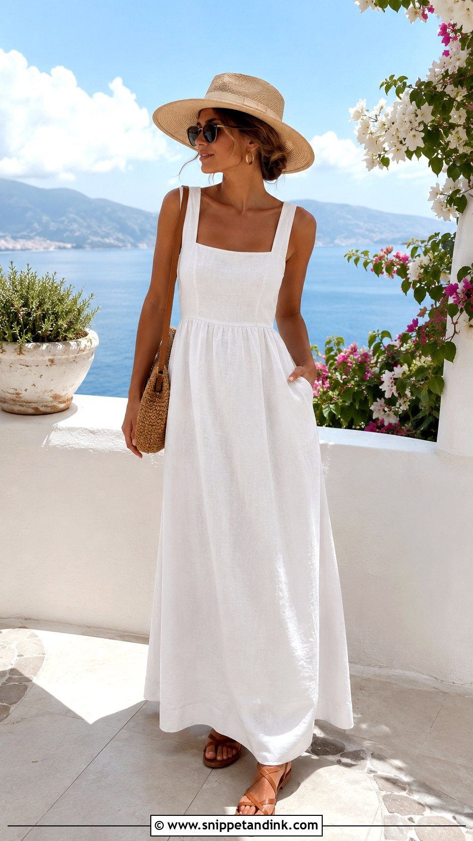 White Linen Maxi Honeymoon Dress With Flat Sandals - Snippet and Ink - 20 Hanimoon Dress for Women Ideas