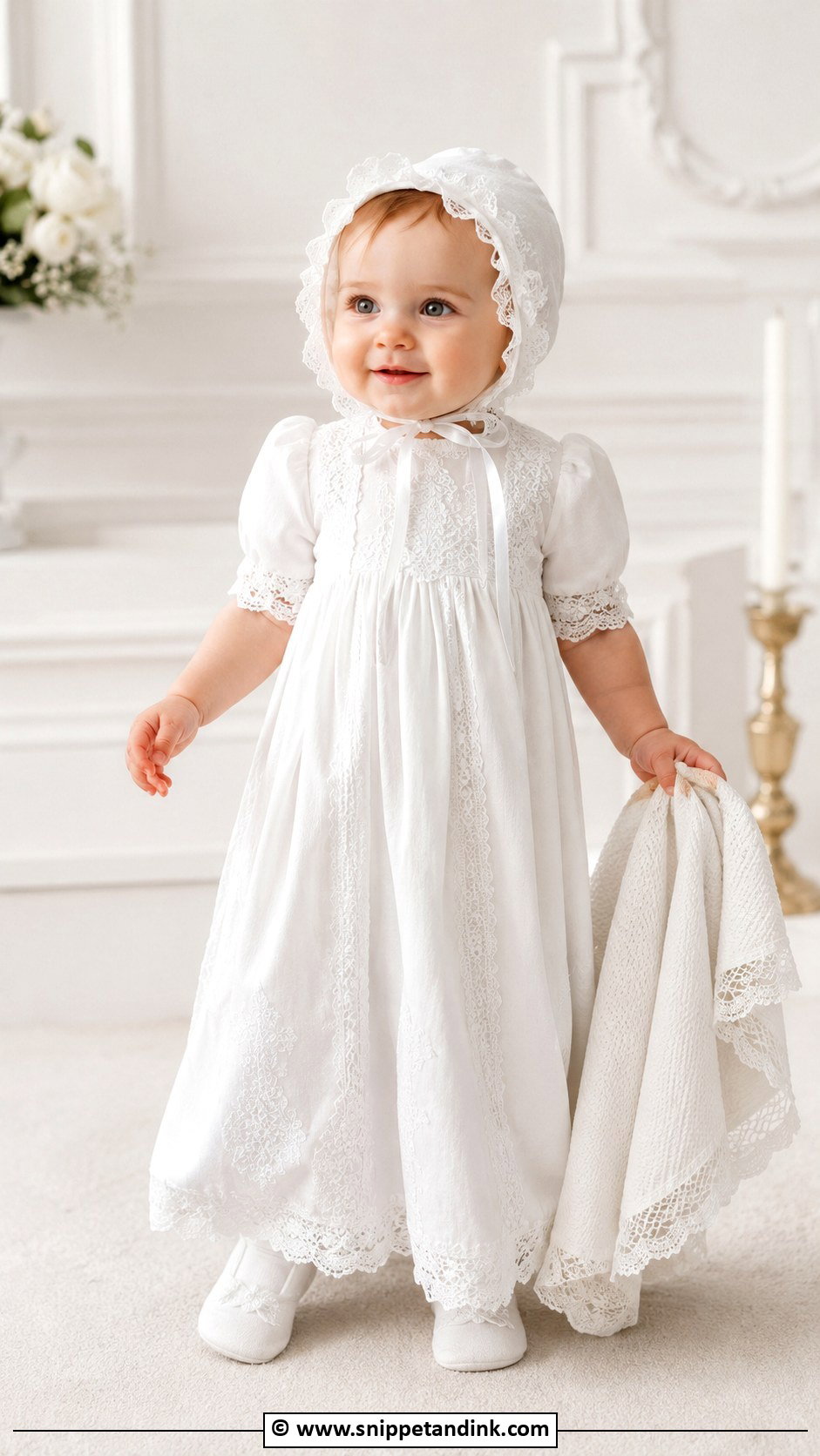 White Long Baptism Gown With Bonnet - Snippet and Ink - 25 Baby Girl Baptism Dress Ideas