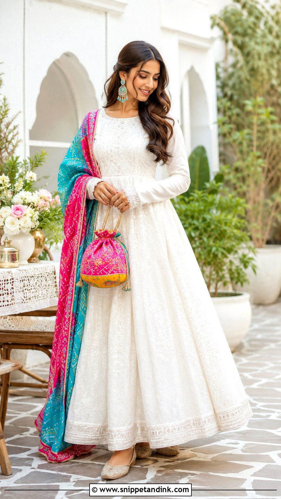 White Long Gown With Colorful Dupatta - Snippet and Ink - 20 Long Gown with Dupatta Ideas