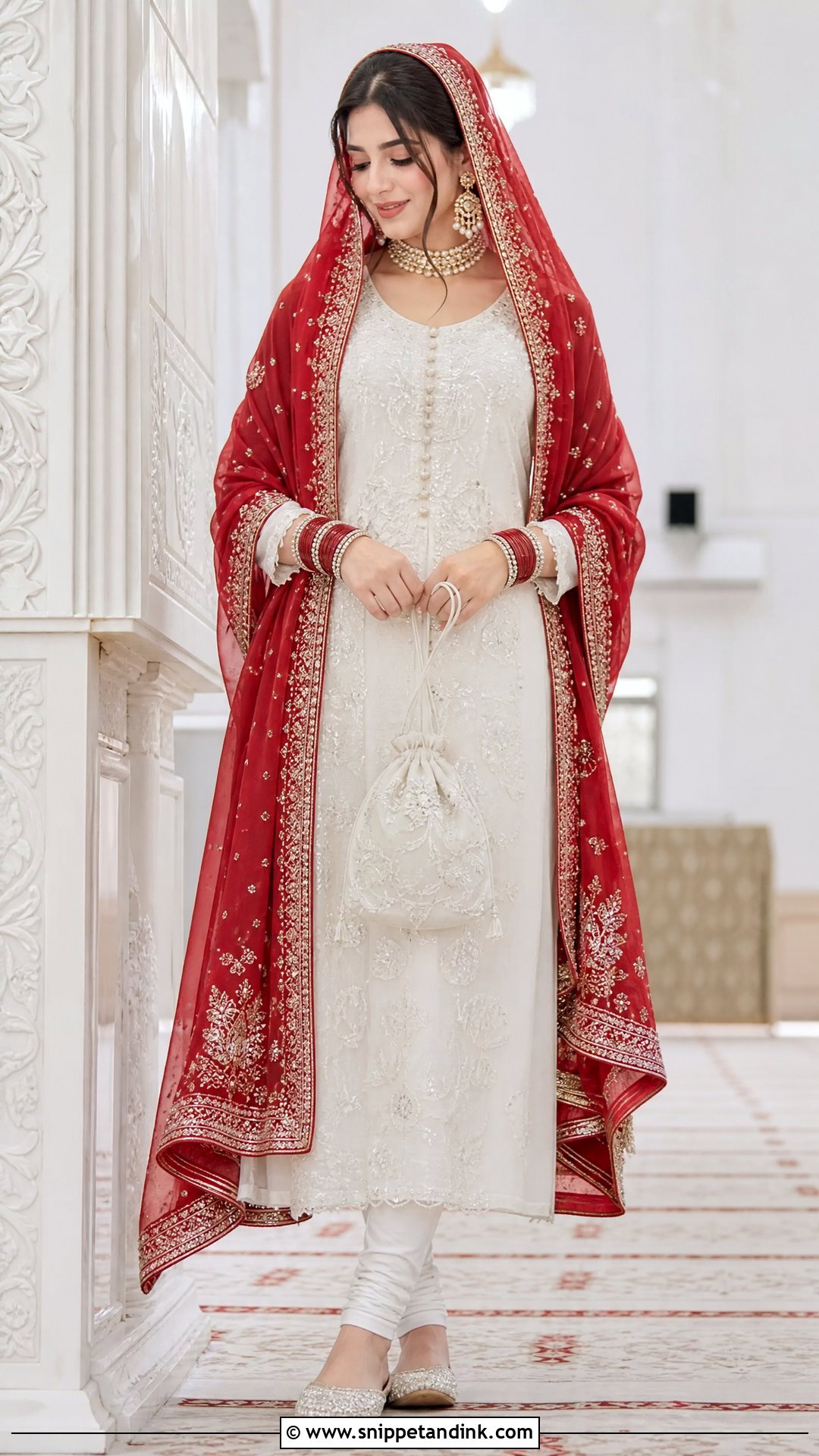 White Long Shirt And Churidar With Red Dupatta - Snippet and Ink - 20 White Nikkah Dress with Red Dupatta Ideas