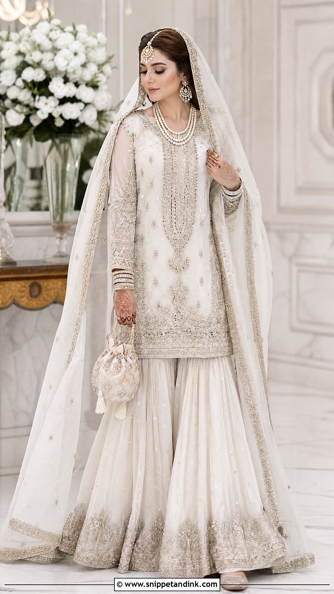 White Long Shirt And Farshi Gharara Nikah Dress - Snippet and Ink - 20 White Nikah Dress Pakistani Bridal Ideas