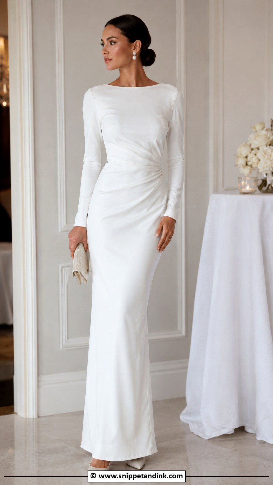 White Long Sleeve Gown With Low Bun - Snippet and Ink - 30 Elegant Classy White Gowns