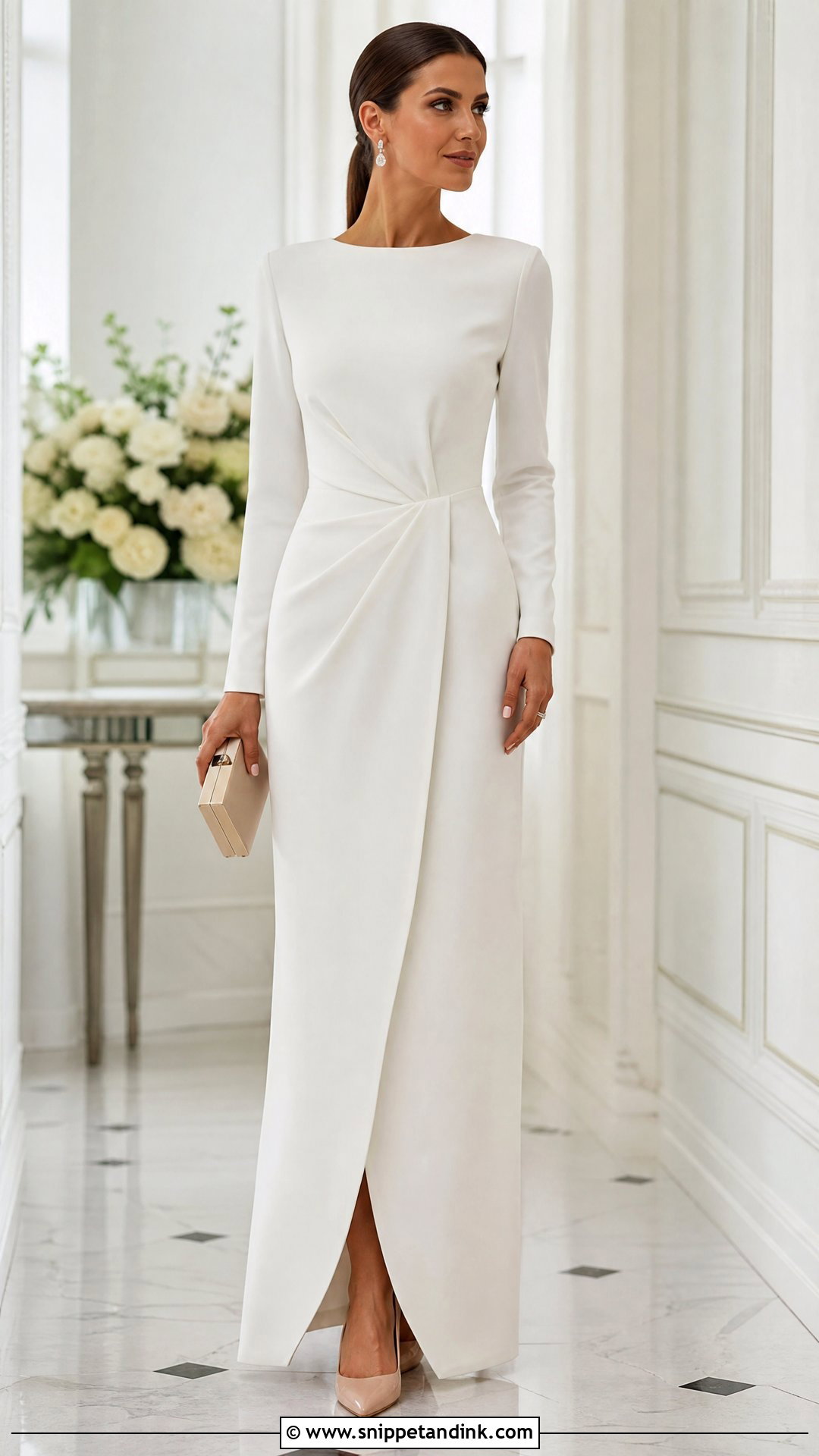 White Long Sleeve Gown With Pointed Toe Pumps - Snippet and Ink - 25 Simple White Gown Ideas
