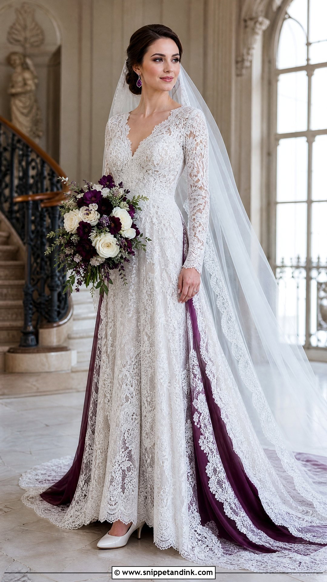 White Long Sleeve Lace Dress With Plum Lining - Snippet and Ink - 25 Purple and White Wedding Dress Ideas