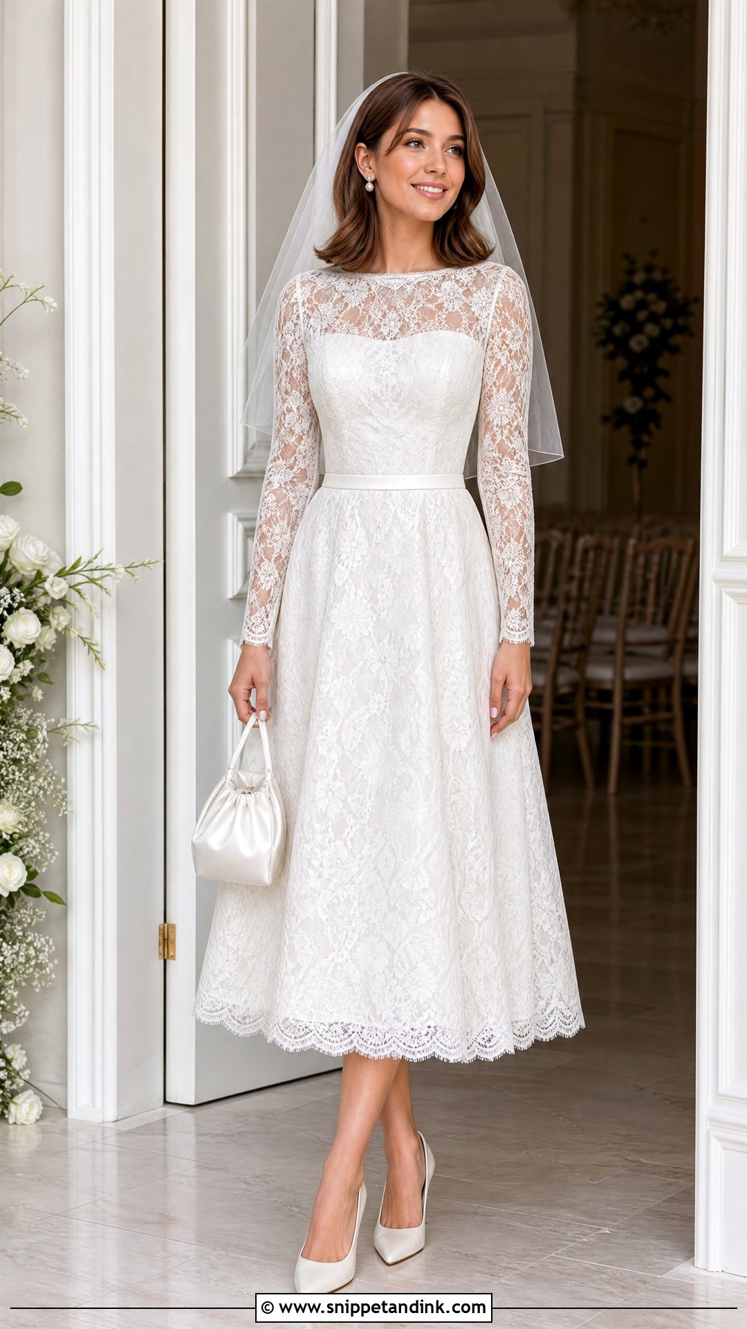 White Long Sleeve Lace Midi Wedding Dress - Snippet and Ink - 20 Midi White Wedding Dress Ideas
