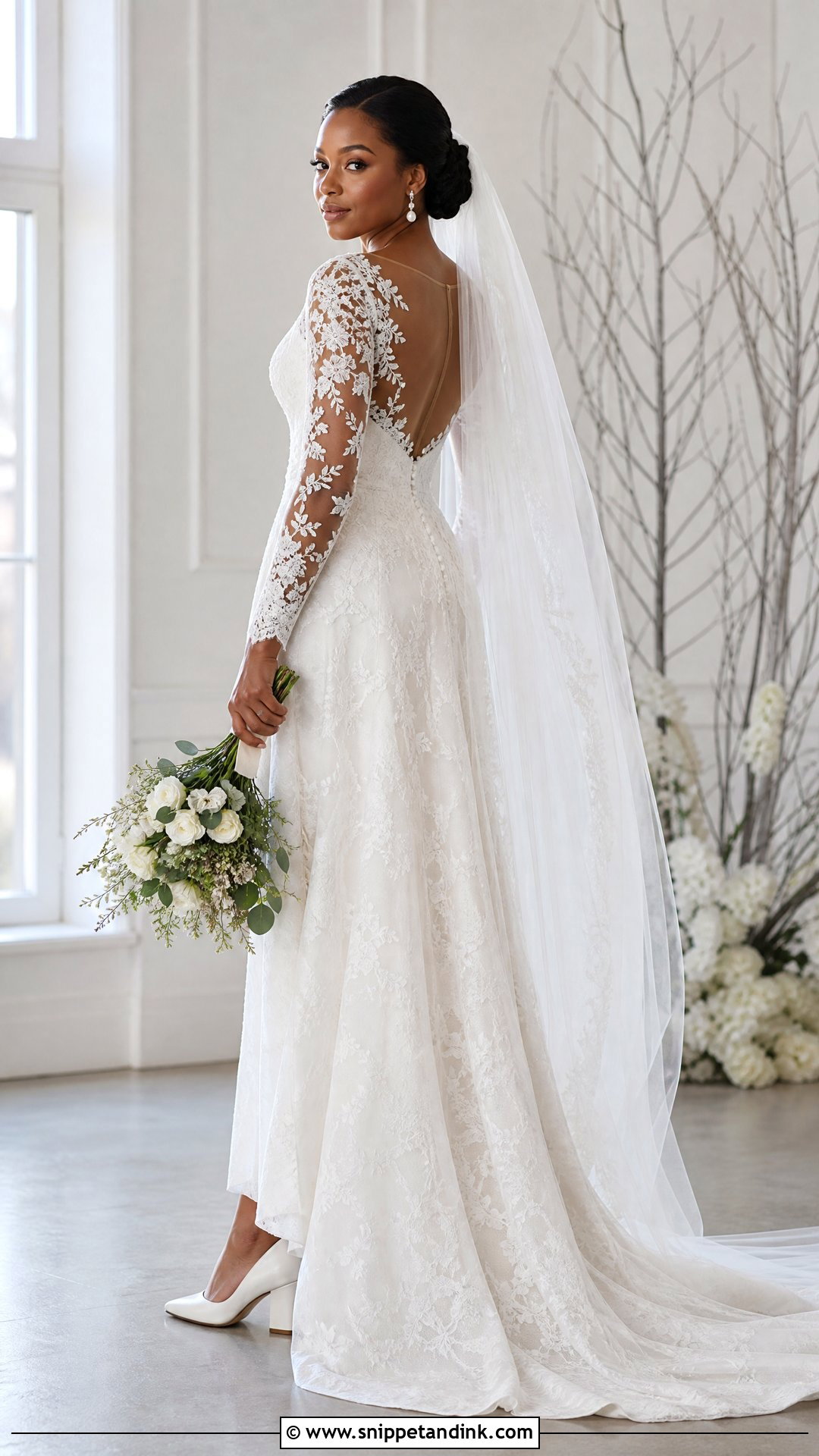 White Long Sleeve Lace Wedding Dress With Low Bun - Snippet and Ink - 20 White Wedding Dresses Black Women