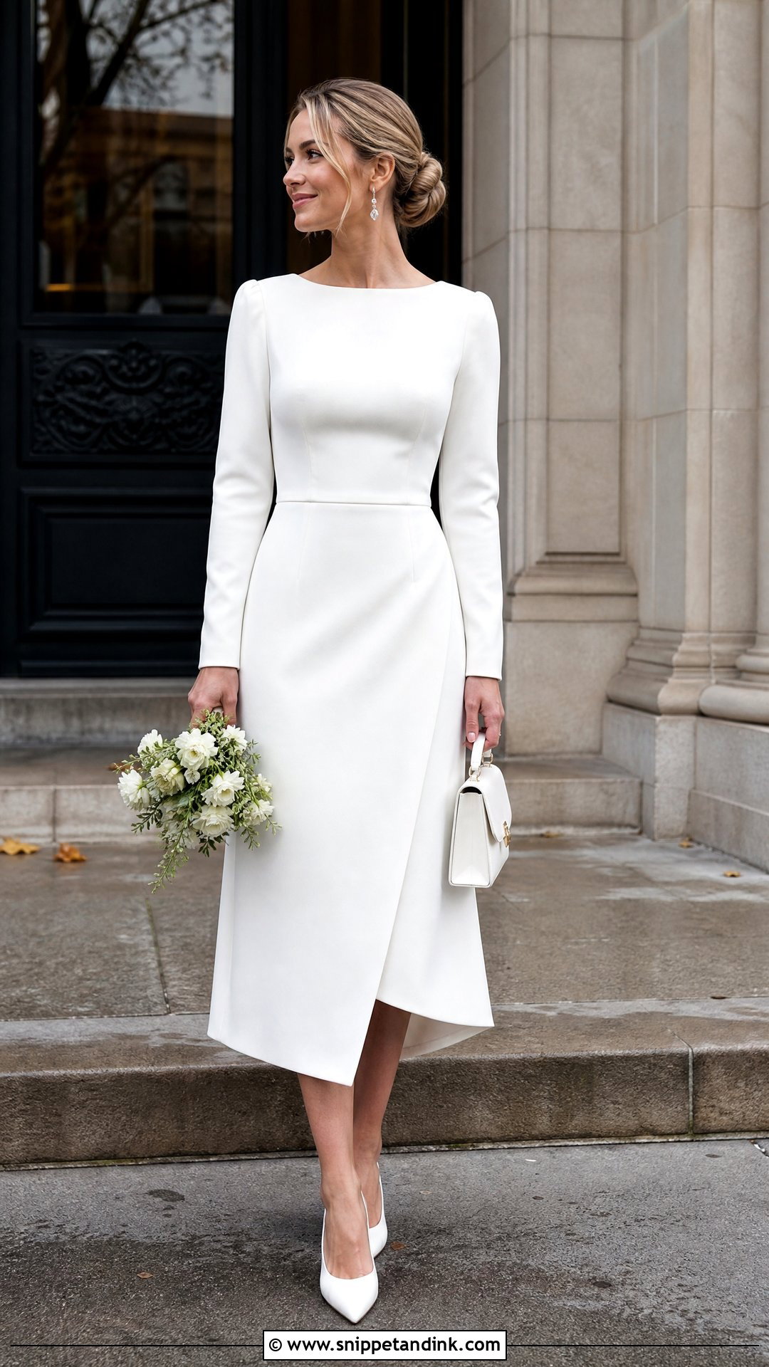 White Long Sleeve Midi Court Wedding Dress - Snippet and Ink - 20 White Court Wedding Dress Ideas
