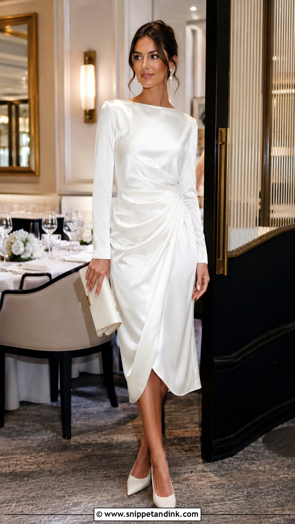 White Long Sleeve Satin Midi Fall Rehearsal Dinner Dress - Snippet and Ink - 20 Fall Rehearsal Dinner Dress for Bride Ideas